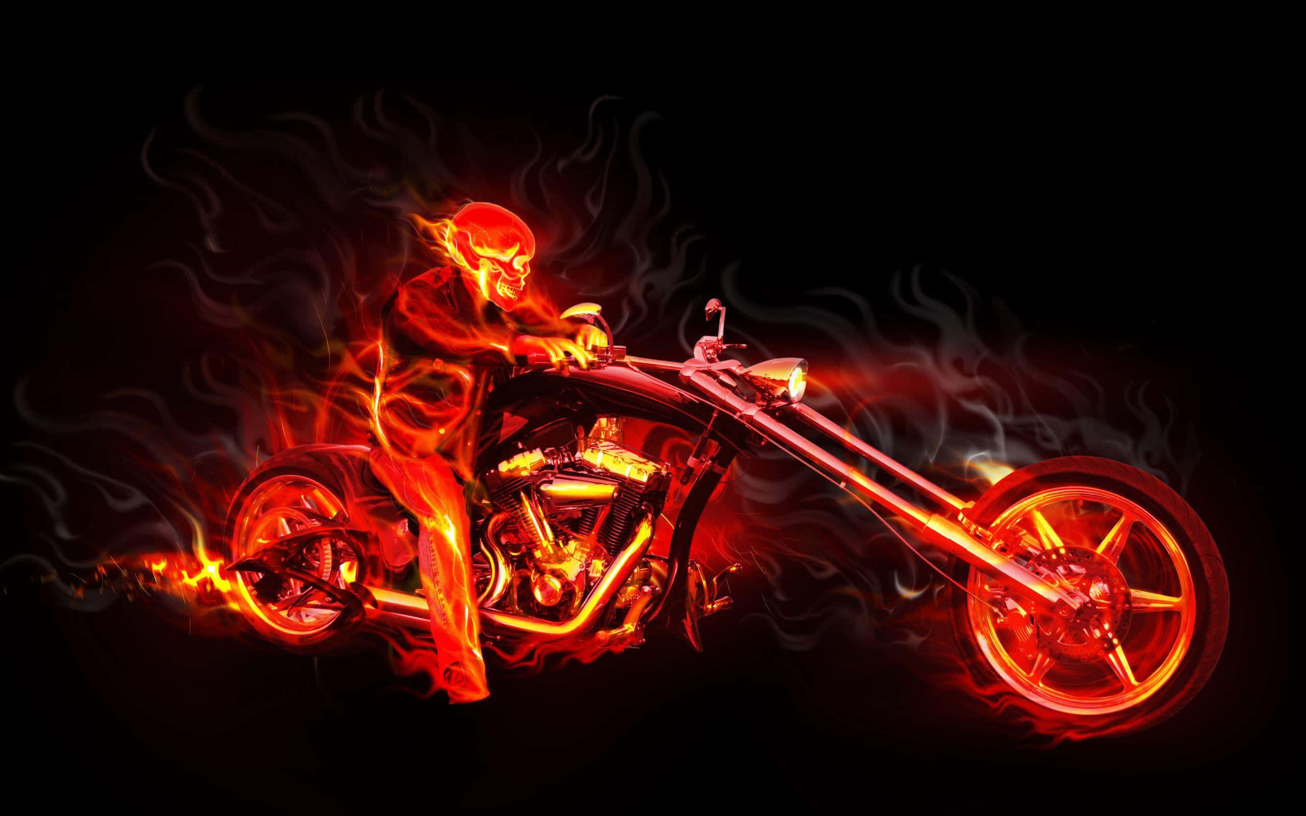 flaming skeleton rider, custom chopper motorcycle, glowing orange flames, 2K Desktop Wallpaper