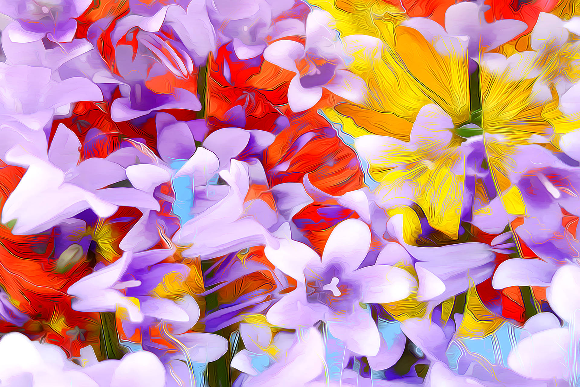 abstract flower, swirling purple yellow and red petals, painterly digital style, Full HD Desktop Wallpaper