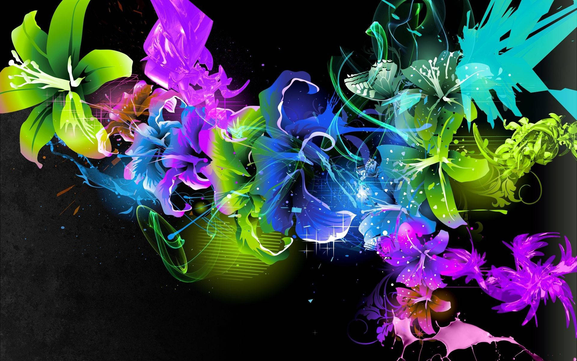 neon flowers, electric hues, dark cosmic background, Full HD Desktop Wallpaper