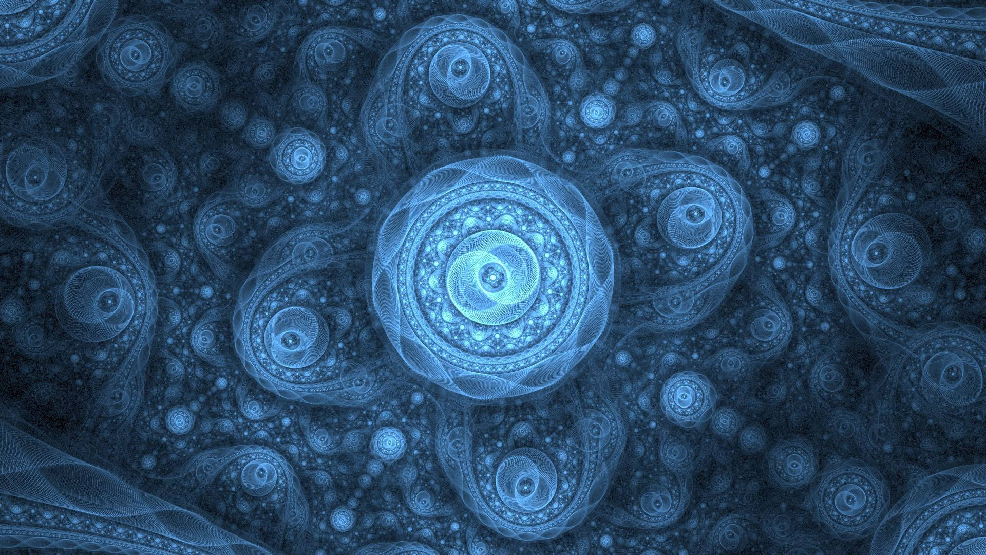 blue fantasy abstract flowers, glowing concentric circles, swirling organic shapes, Full HD Desktop Wallpaper