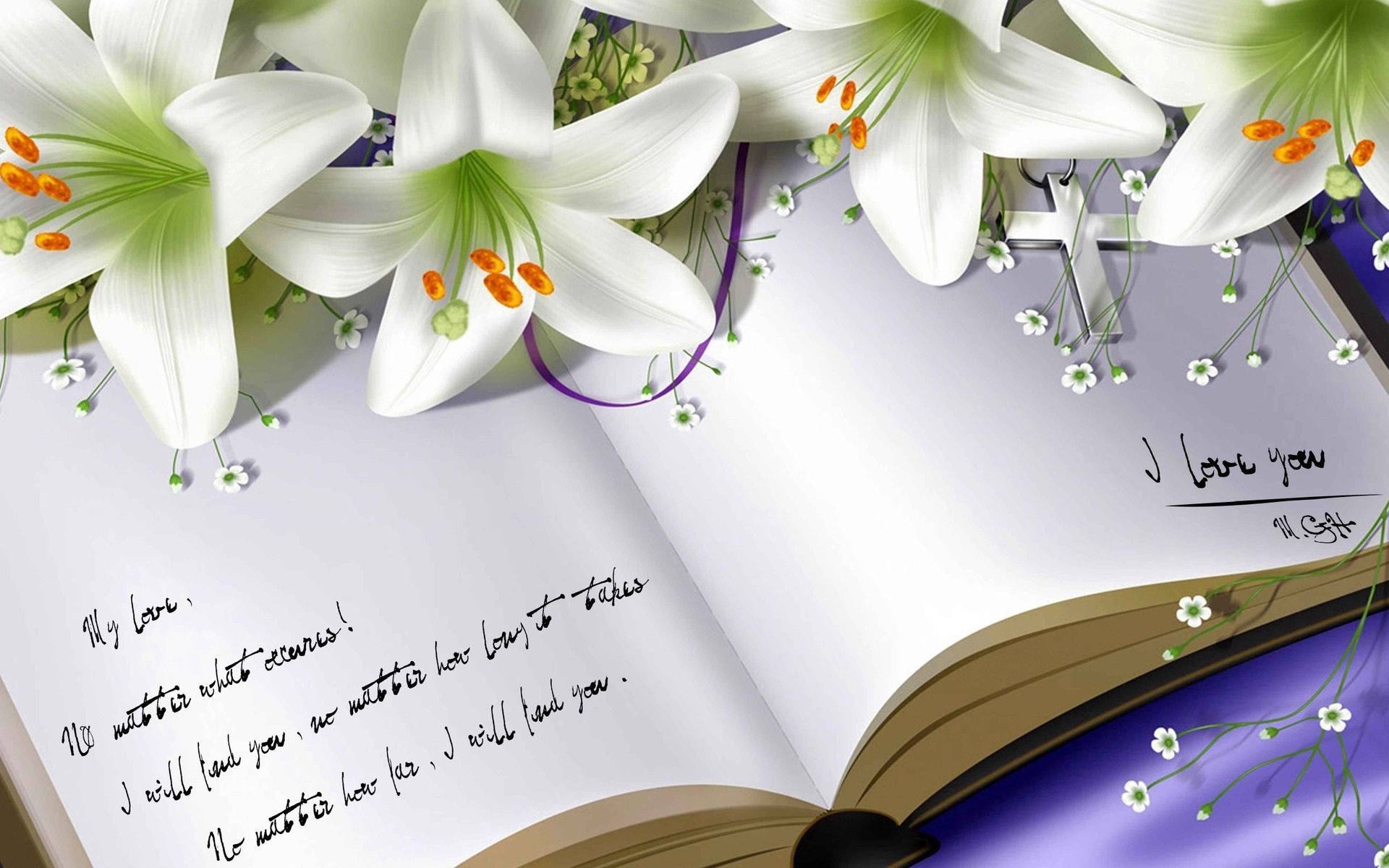 white lilies, orange stamens, open book, Full HD Desktop Wallpaper