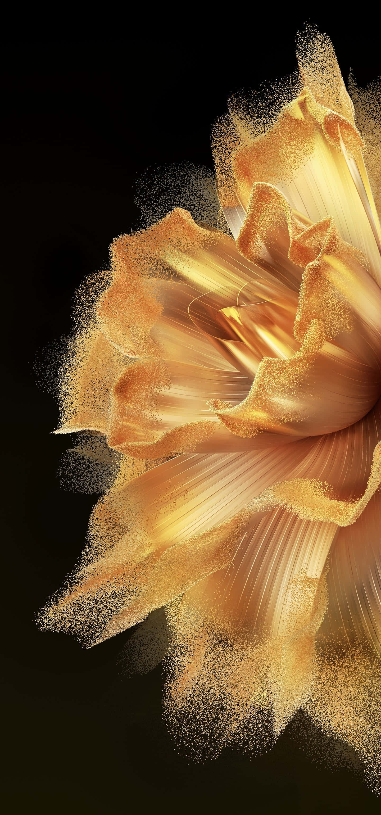 golden abstract flower, dark background, glowing petals, 2K Phone Wallpaper