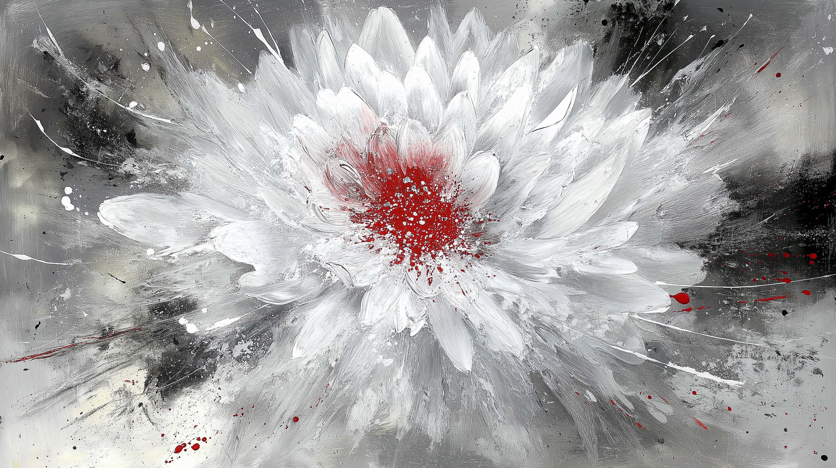 white petals, vivid red center, gritty gray and black splattered background, 2K Desktop Wallpaper