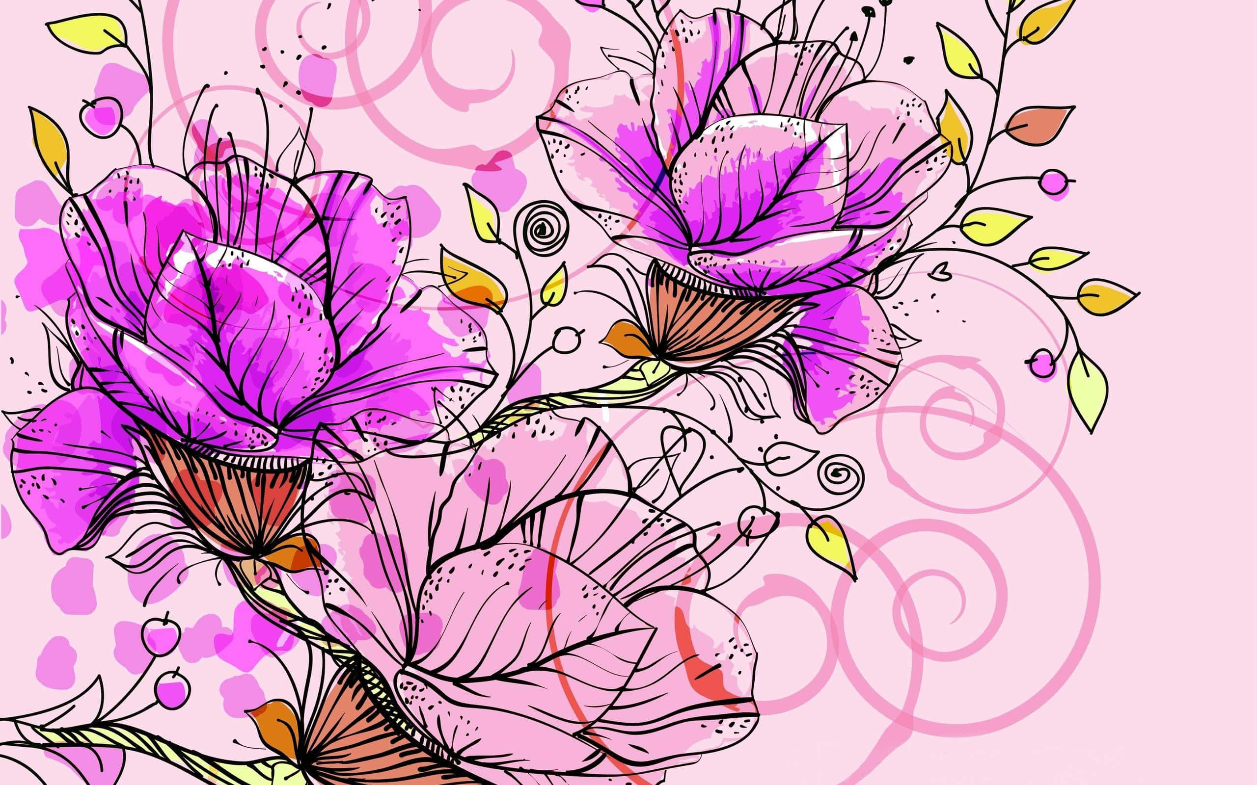 vibrant purple flowers, black outlines, yellow leaves, 2K Desktop Wallpaper