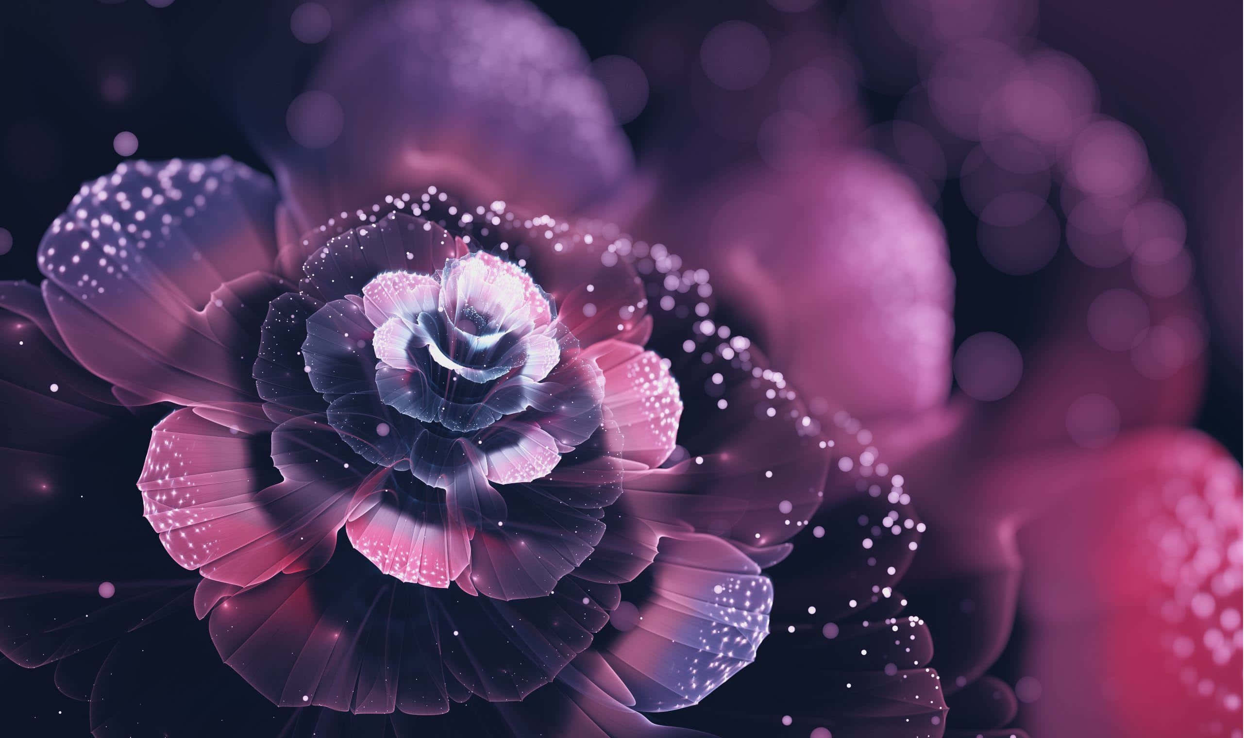 abstract floral digital artwork, glowing translucent purple flower, sparkling particles, 2K Desktop Wallpaper