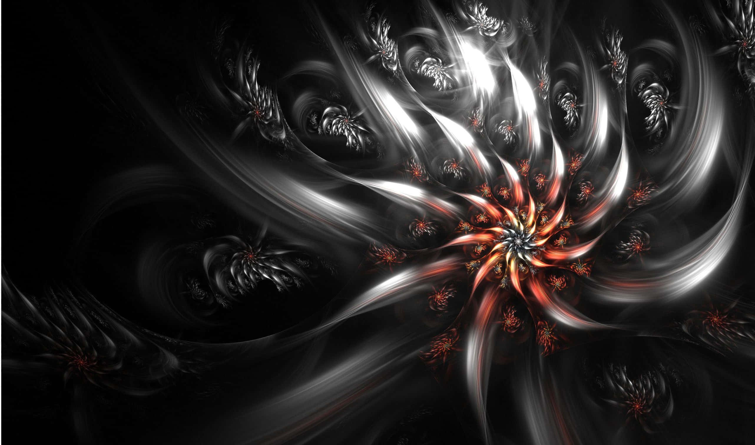 abstract floral fractal art, swirling black and white fractal pattern, fiery red-orange core, 2K Desktop Wallpaper