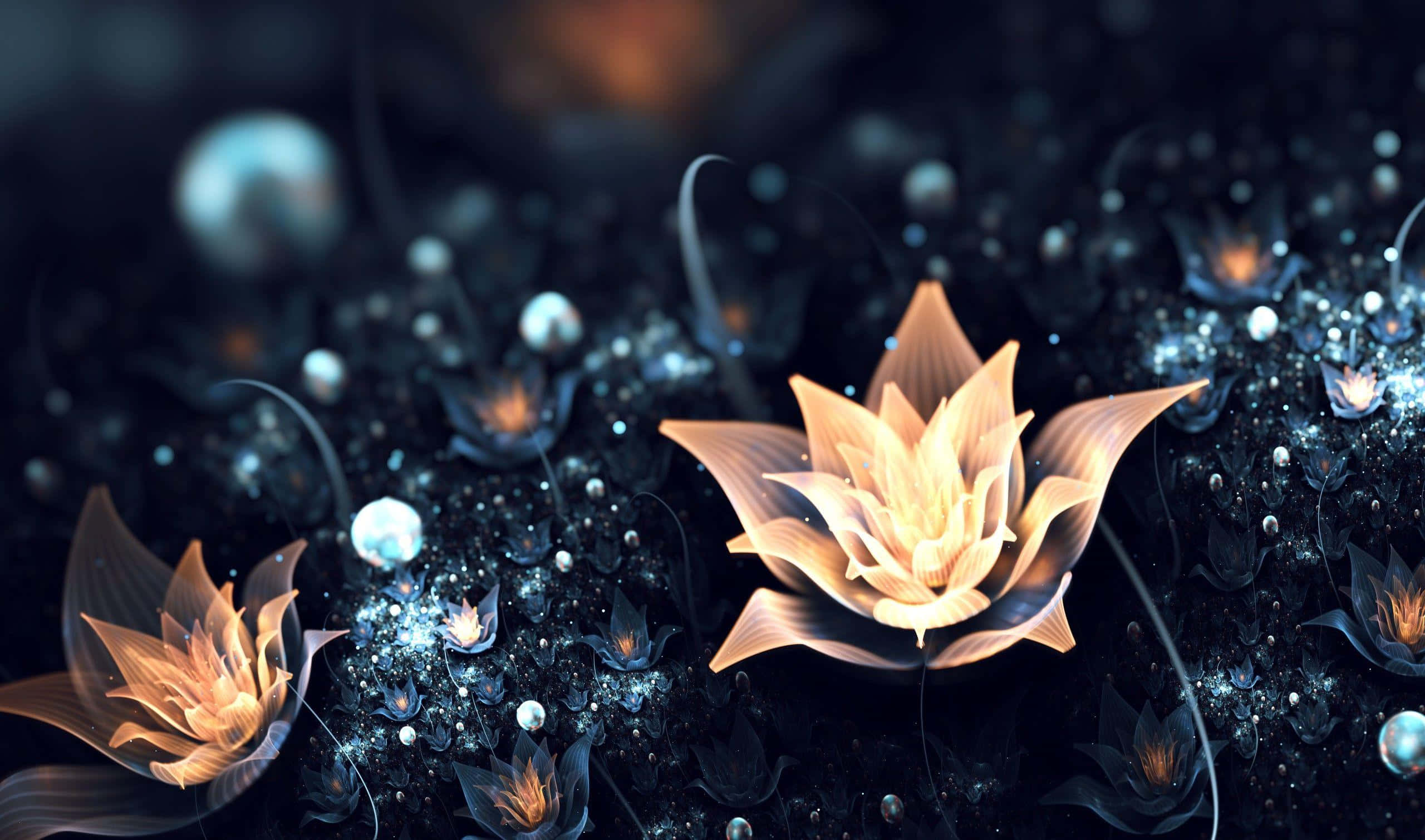 abstract floral fantasy, glowing golden lotus flower, dark cosmic particles, 2K Desktop Wallpaper