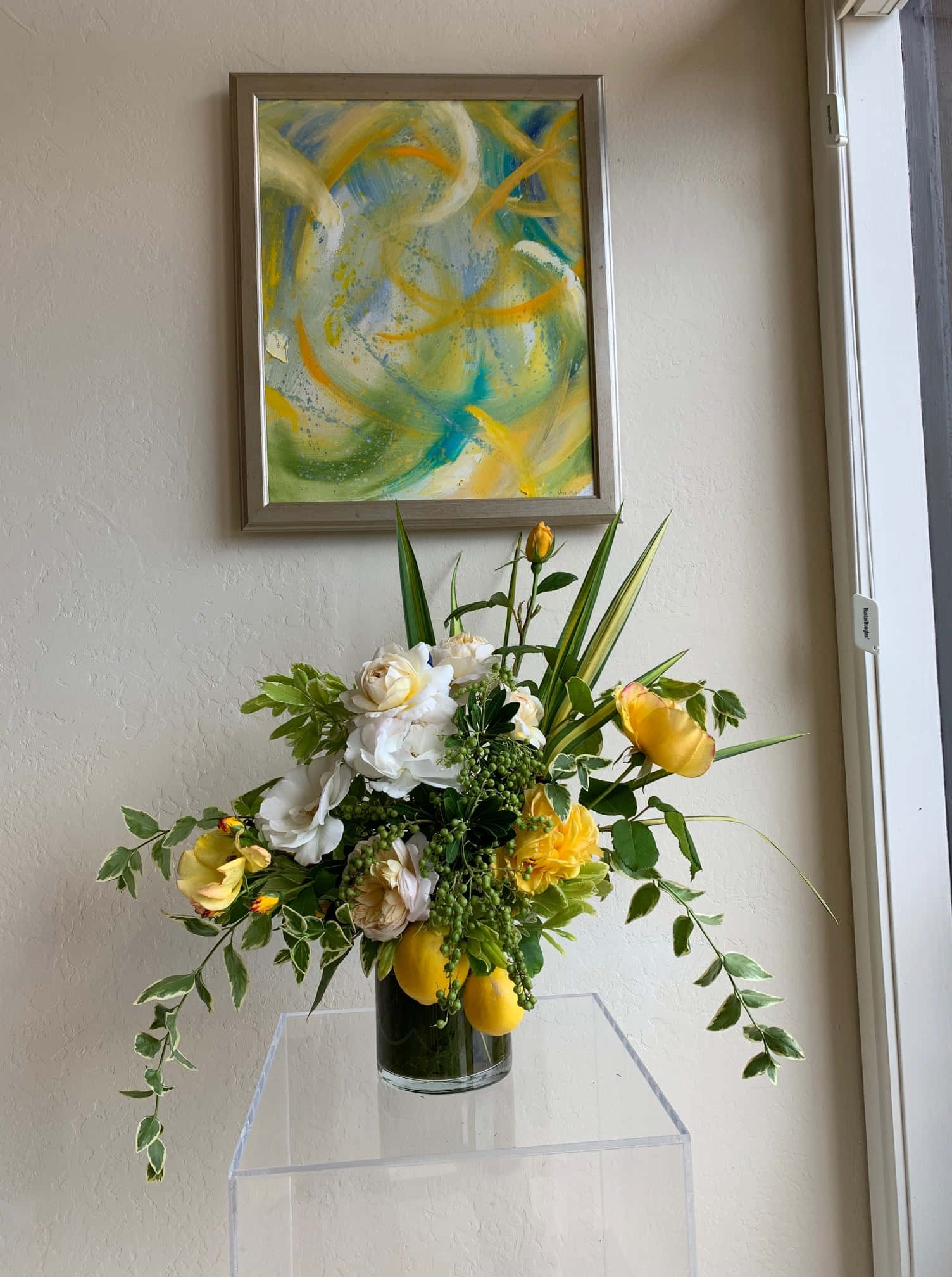 white and yellow blooms, greenery, clear vase, Full HD Phone Wallpaper