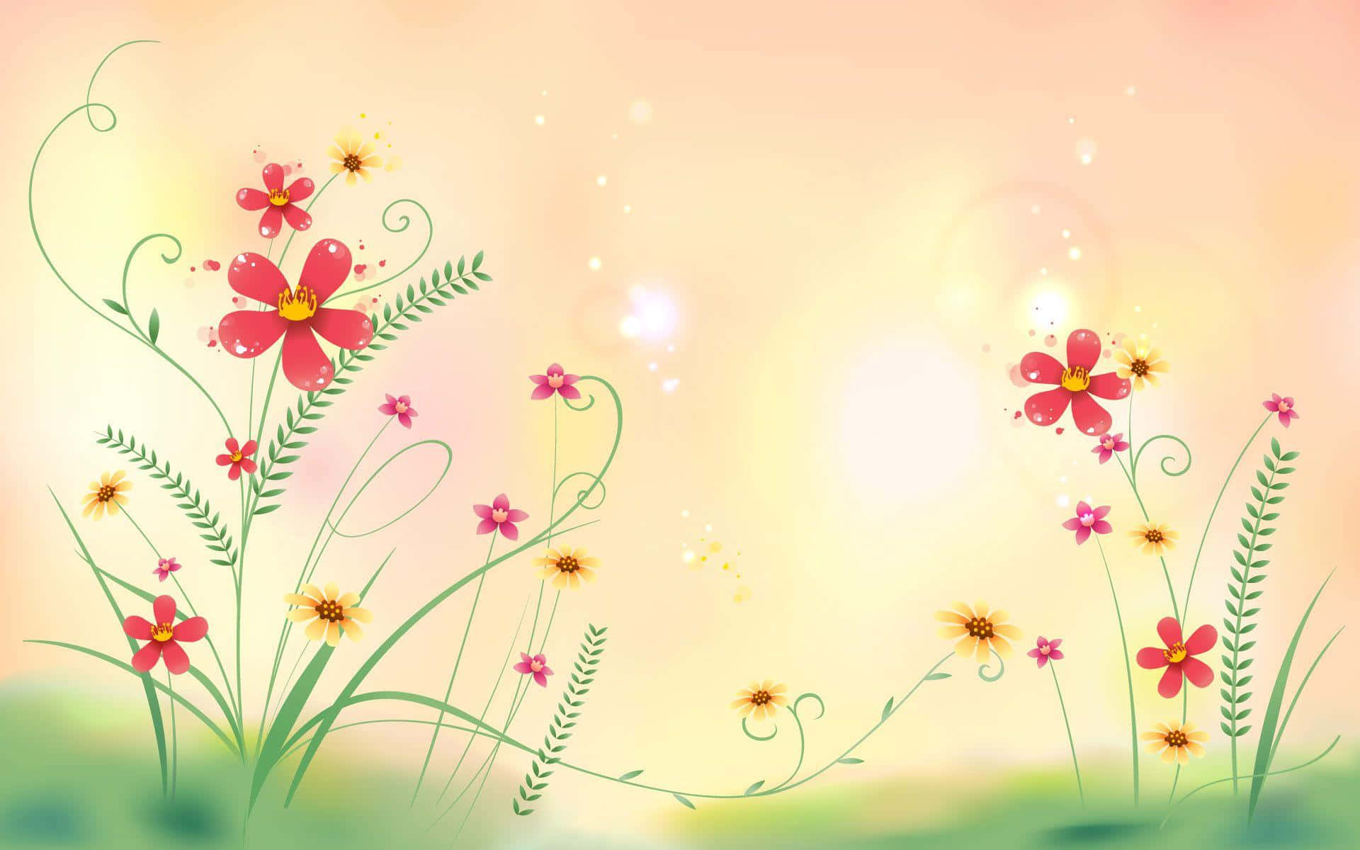 pastel floral fantasy background, vibrant red and yellow flowers, green stems, Full HD Desktop Wallpaper