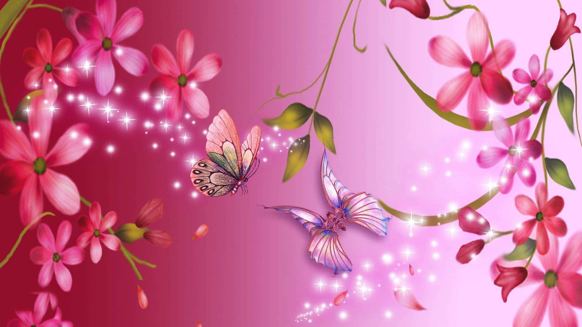 enchanted floral butterfly garden, pink flowers, sparkling lights, Full HD Desktop Wallpaper