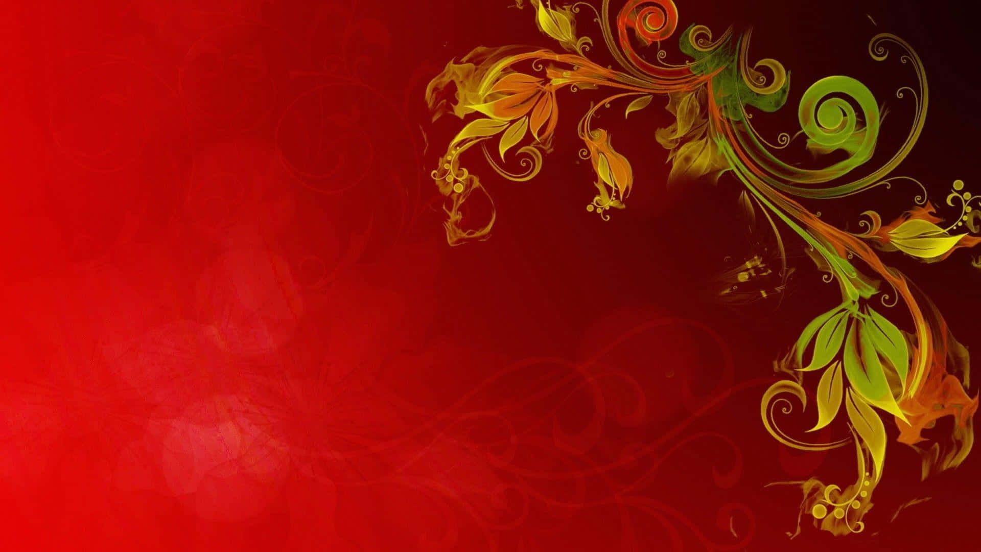 vibrant red background, ornate golden and green swirling floral patterns, upper right corner, Full HD Desktop Wallpaper