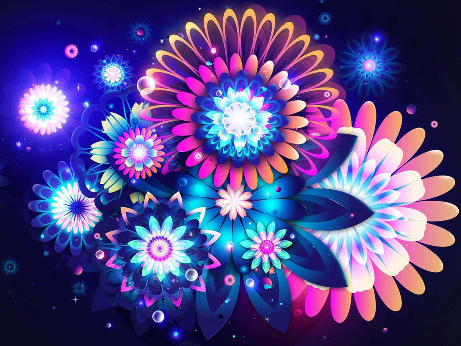 neon flowers, glowing petals, cosmic blue background, HD Desktop Wallpaper
