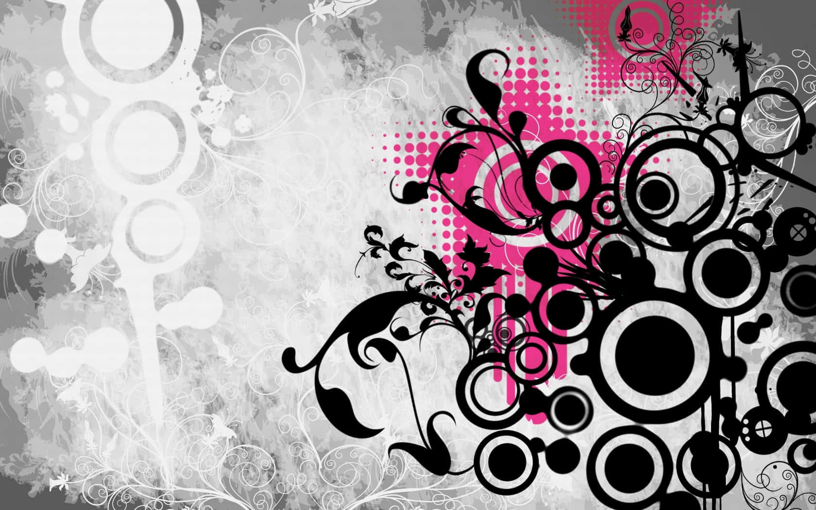 abstract floral vector design, black swirls, pink dots, HD Desktop Wallpaper