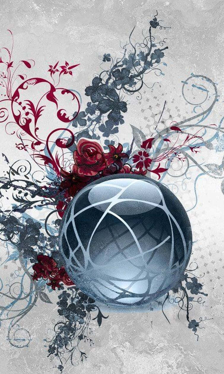 abstract floral sphere design, glossy black sphere, white grid lines, SD Phone Wallpaper