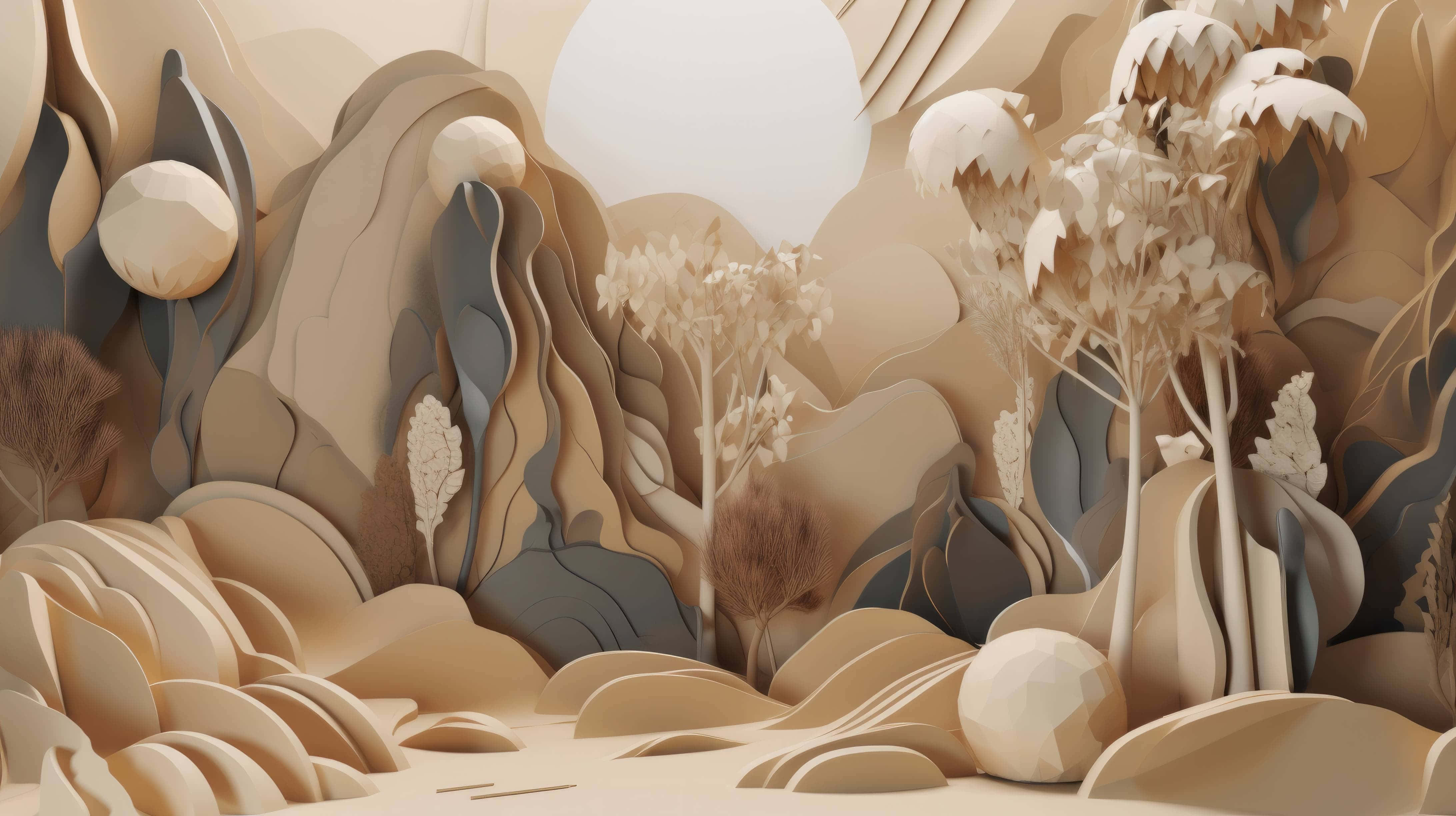 beige, abstract landscape, 3D paper-cut landscape, 4K Desktop Wallpaper