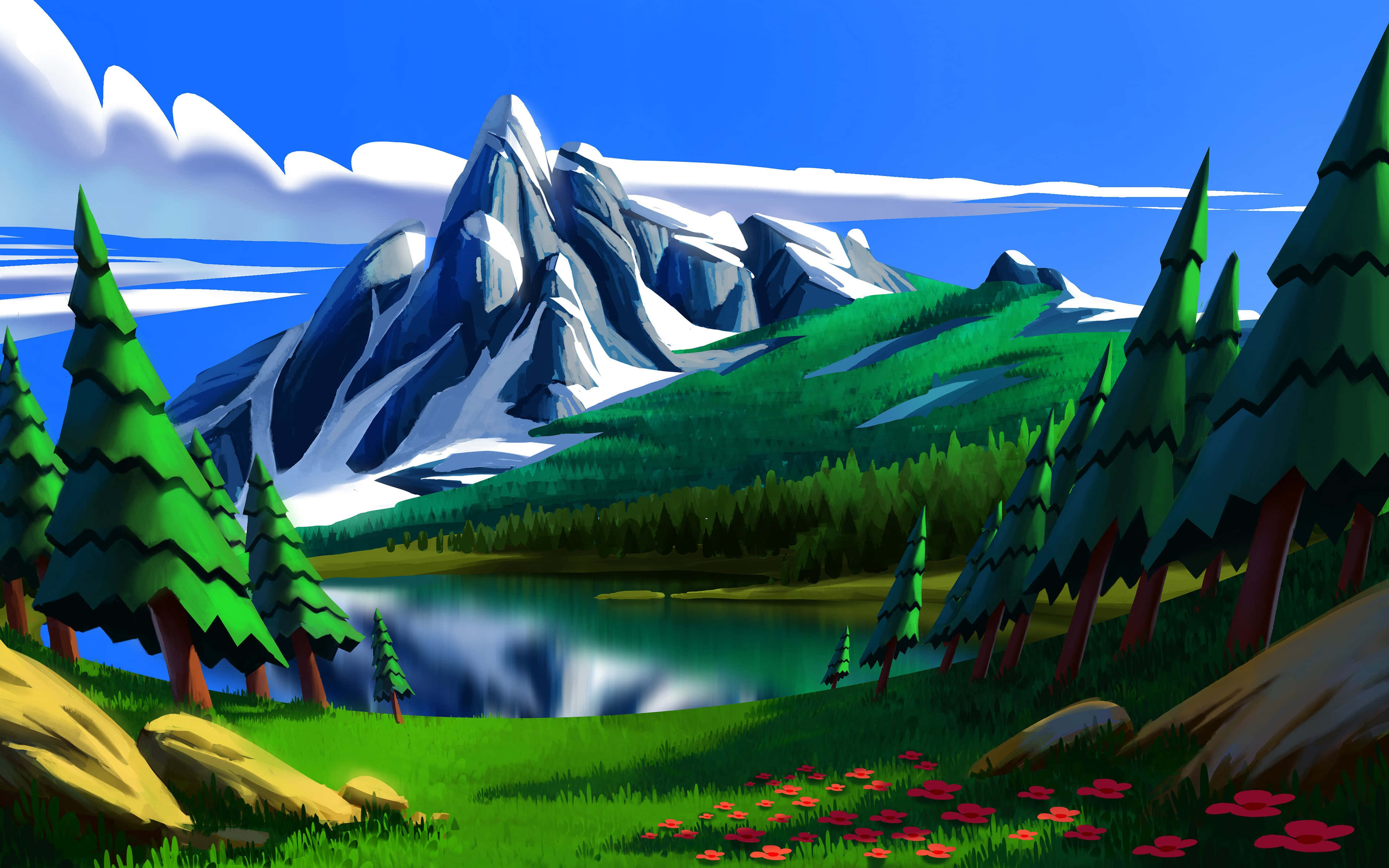 vibrant mountain landscape art, snow-capped mountains, calm lake, 4K Desktop Wallpaper