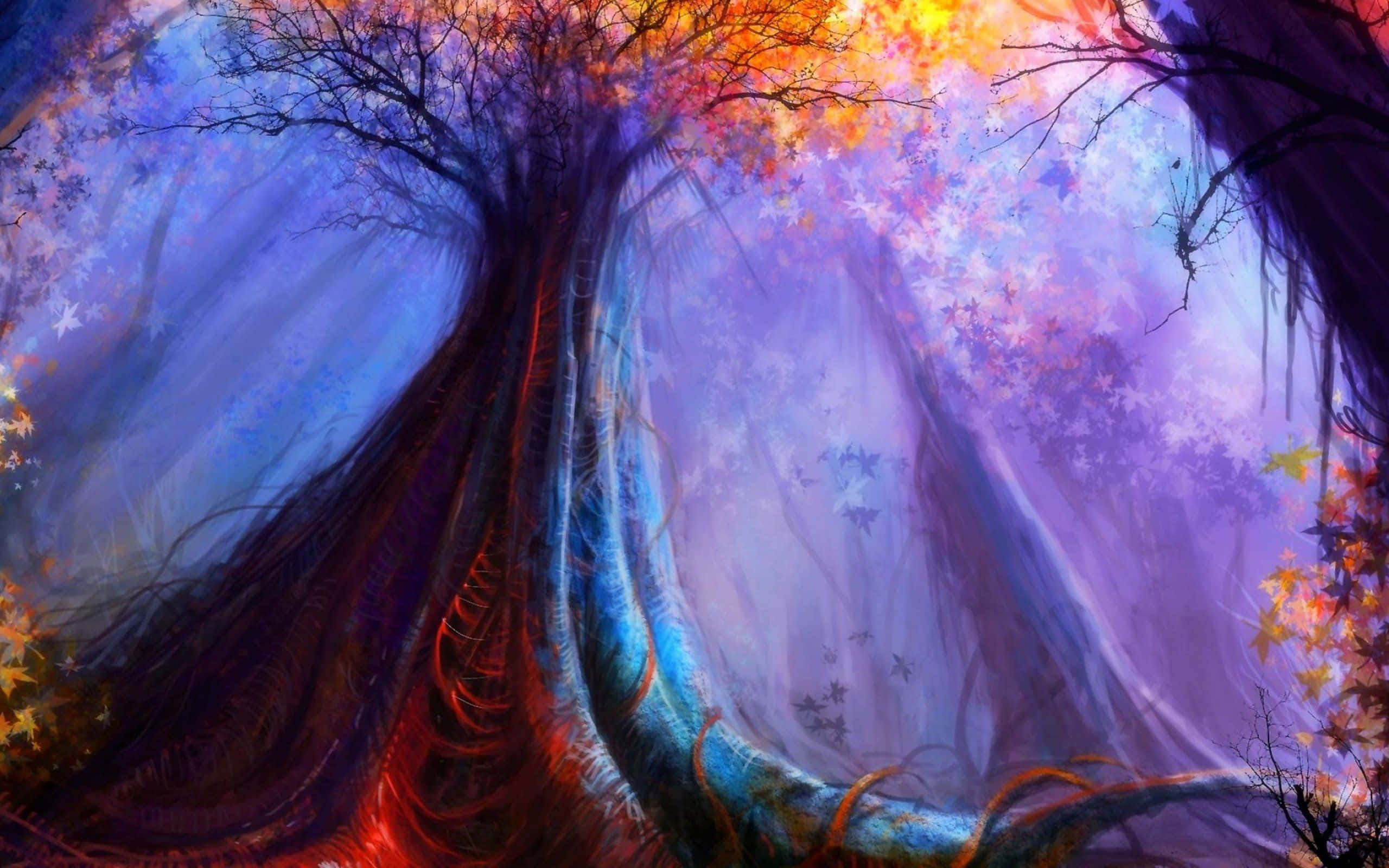 enchanted forest, towering trees, fiery orange light, 2K Desktop Wallpaper