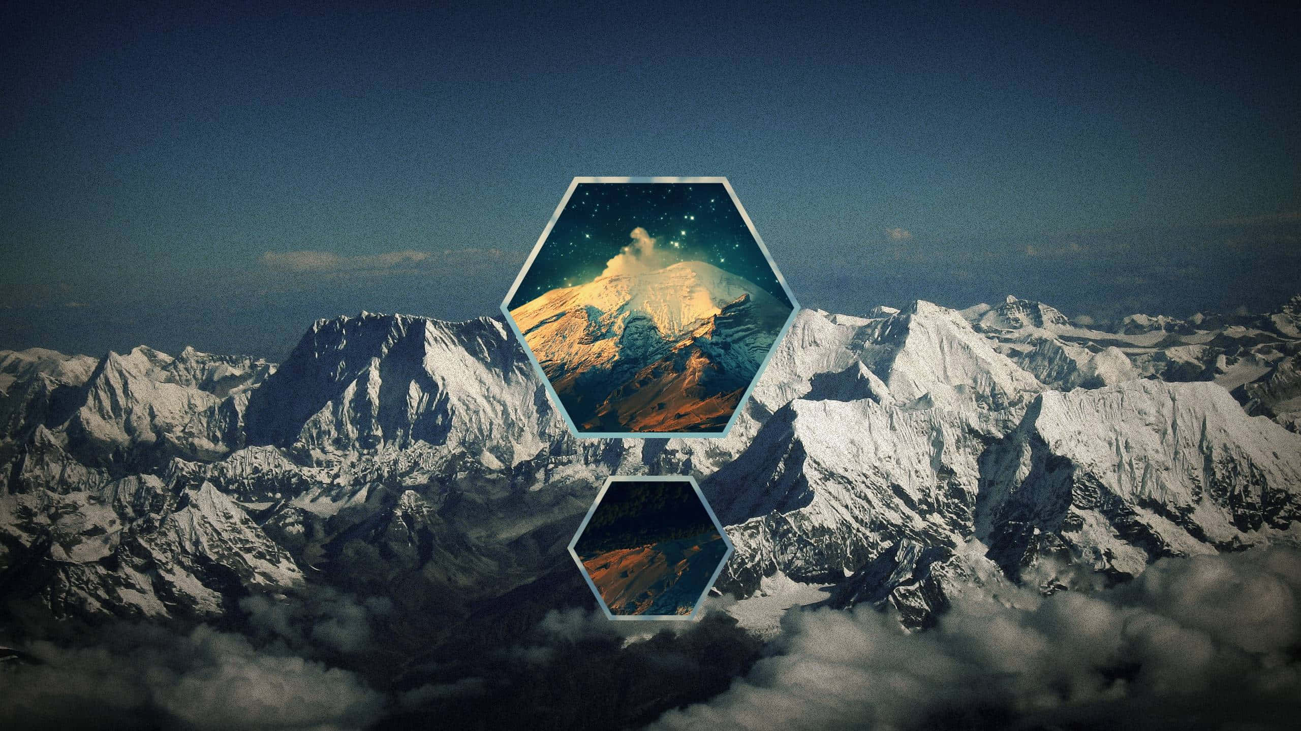 hexagonal window, snowcapped mountains, starry landscape, 2K Desktop Wallpaper
