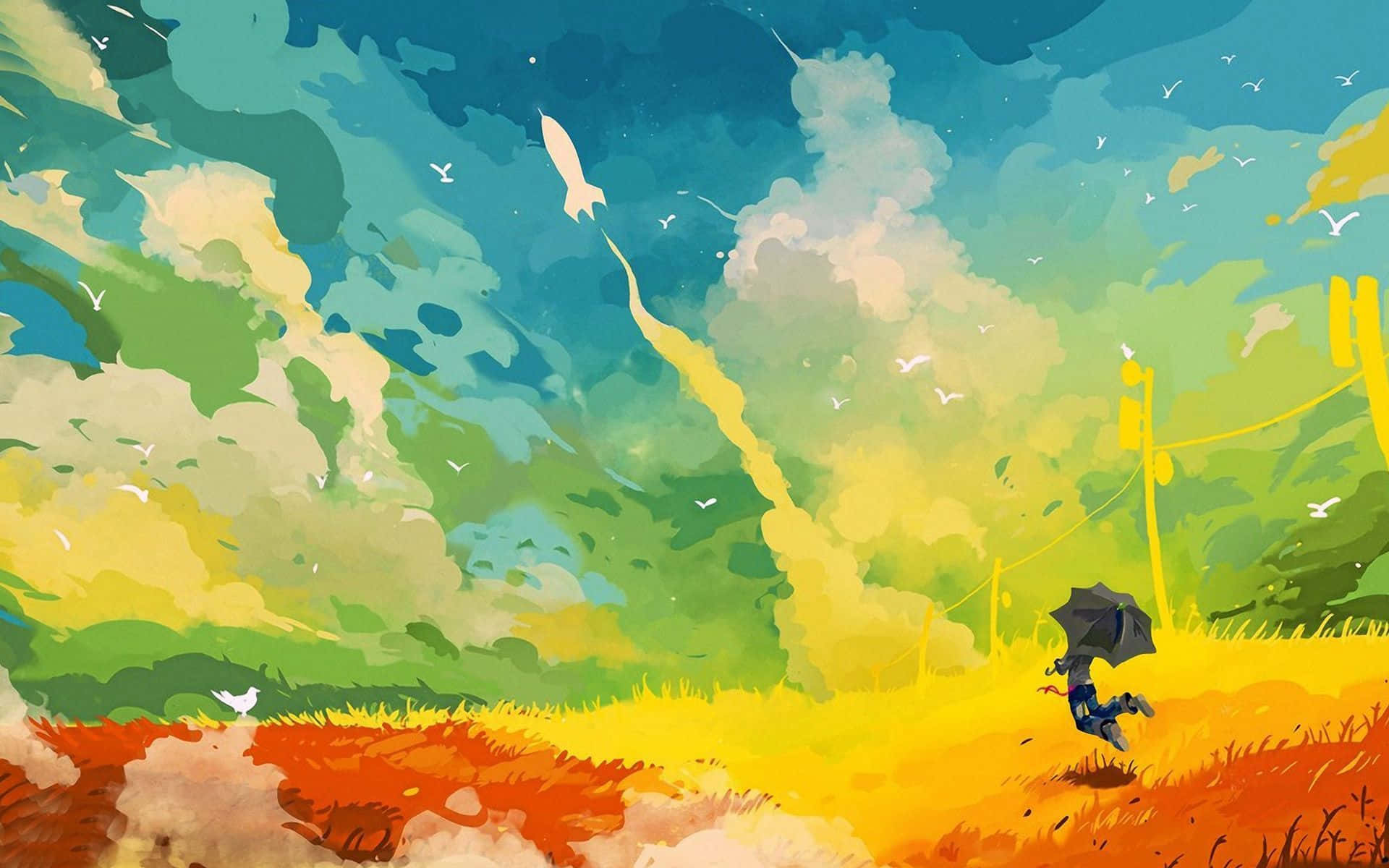 vibrant field, umbrella, rocket launches, Full HD Desktop Wallpaper