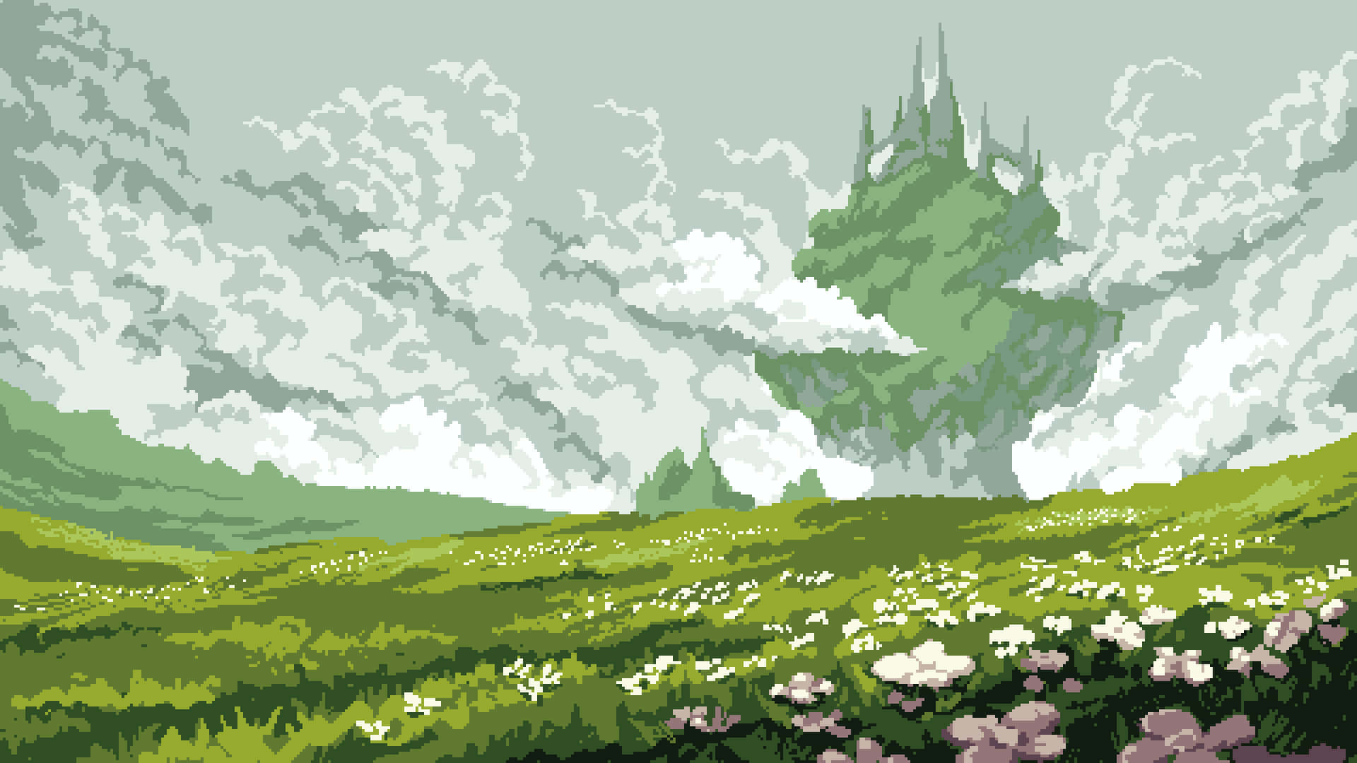 pixelated meadow, rolling green hills, white and purple flowers, Full HD Desktop Wallpaper