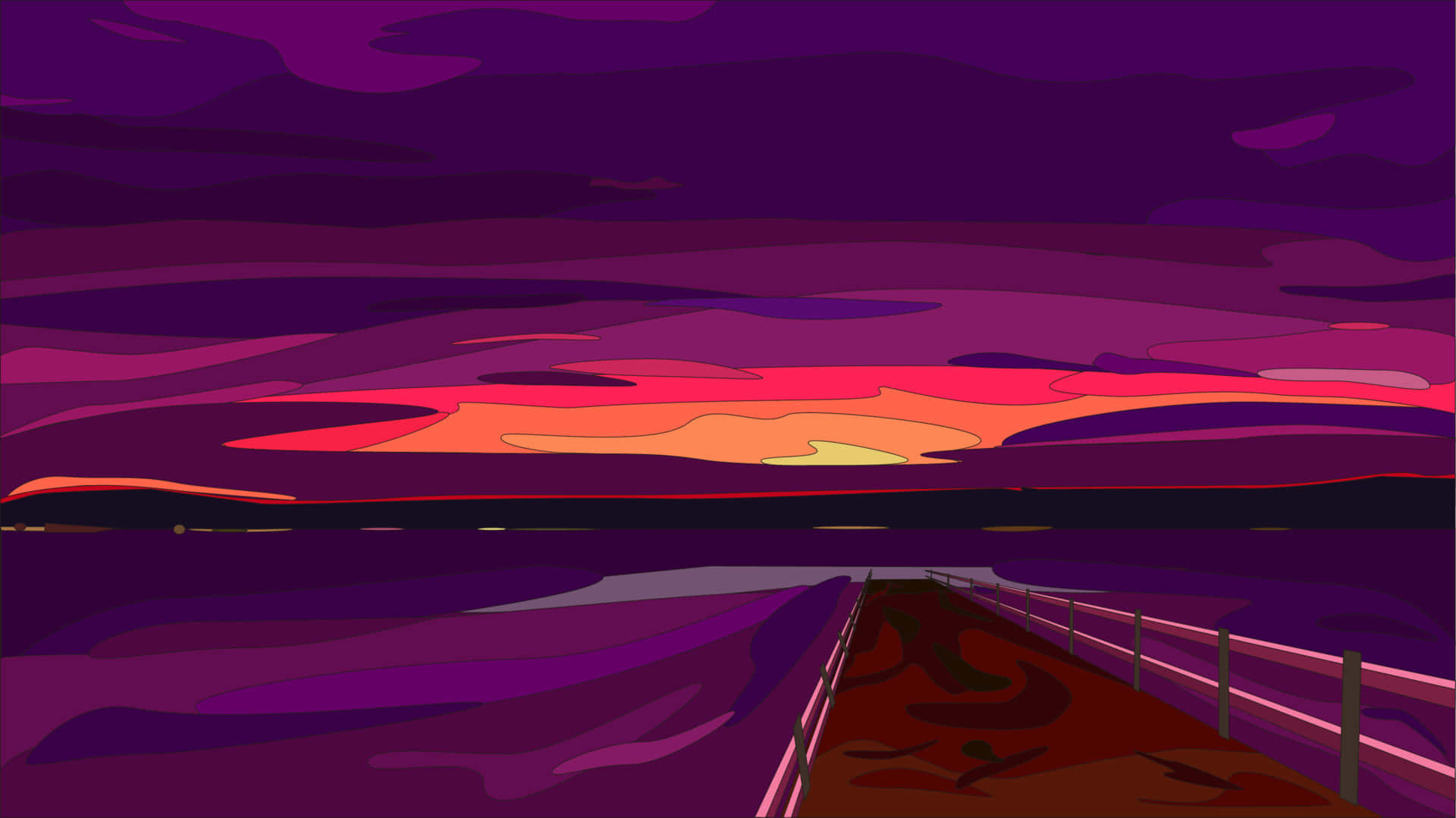 vibrant abstract landscape, purple sunset, wooden pier, Full HD Desktop Wallpaper