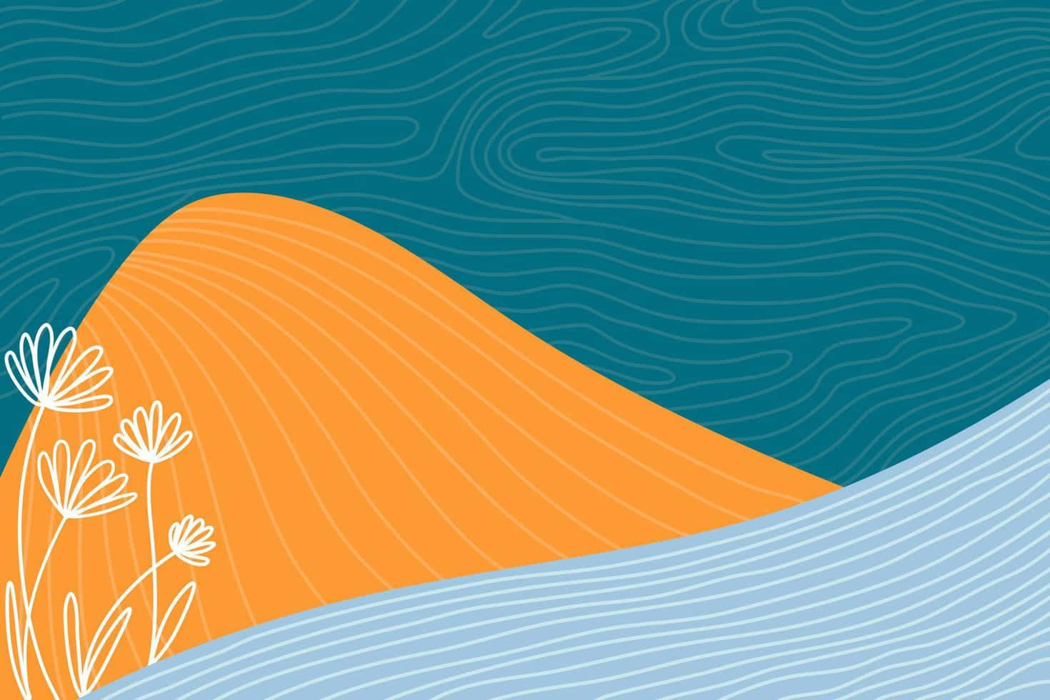 orange hill, white flowers, teal wavy background, HD Desktop Wallpaper