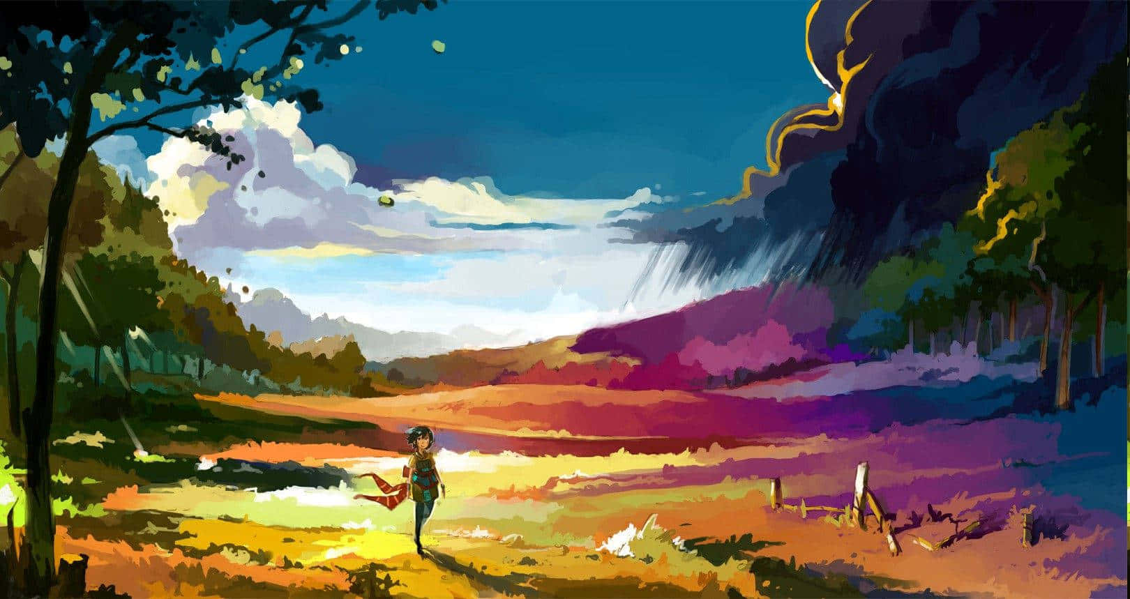 vibrant abstract landscape, lone figure, vibrant field, HD Desktop Wallpaper