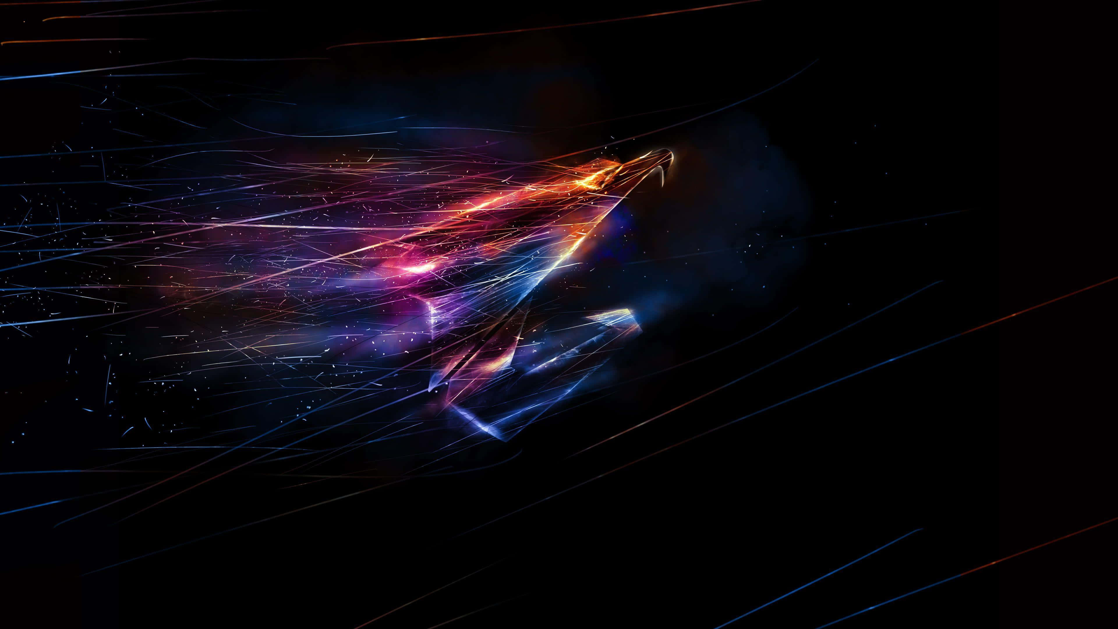 abstract light streaks, glowing abstract spaceship, cosmic darkness, 4K Desktop Wallpaper
