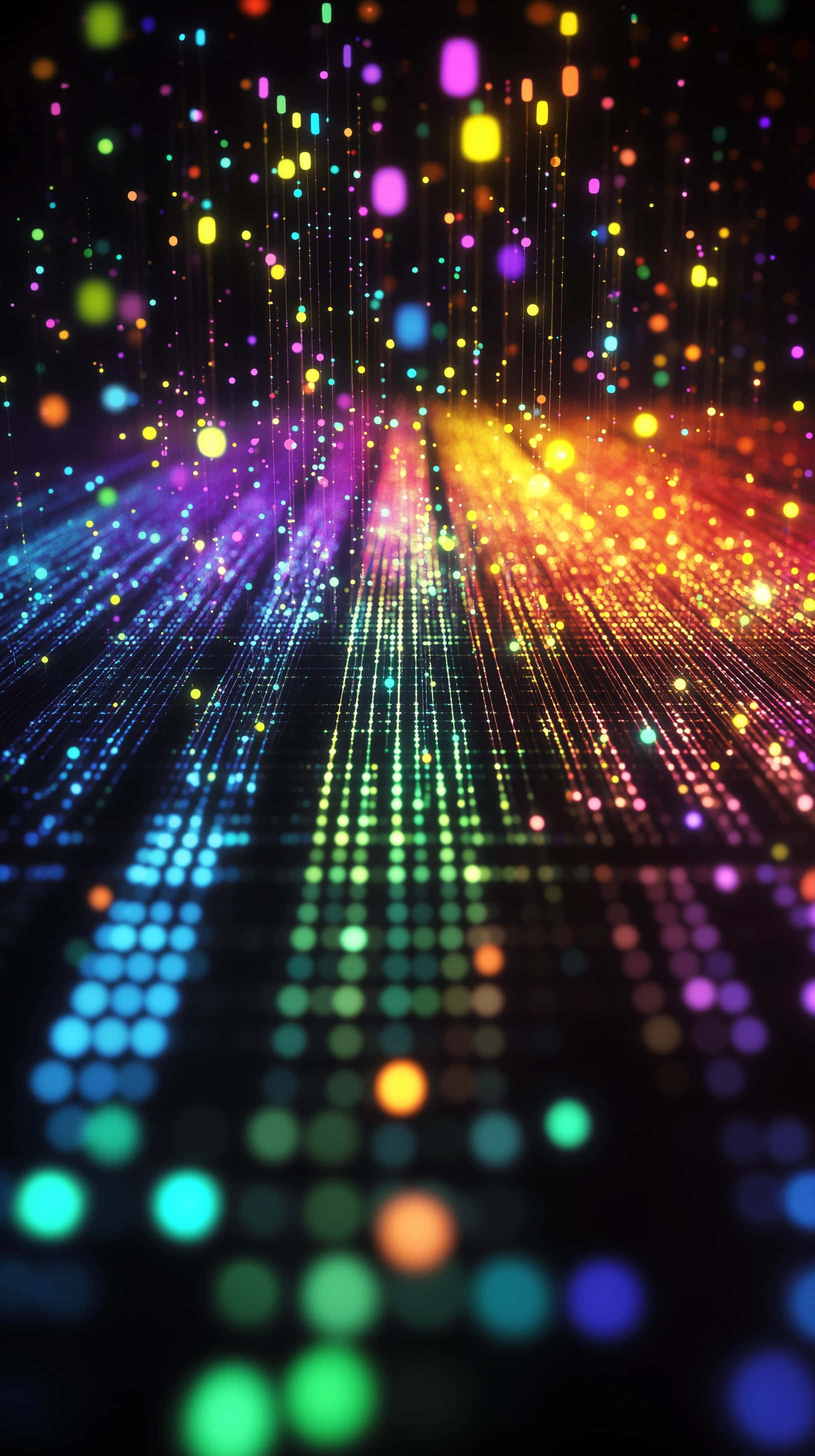 vibrant rainbow lights, dark digital tunnel, glowing streaks, 2K Phone Wallpaper
