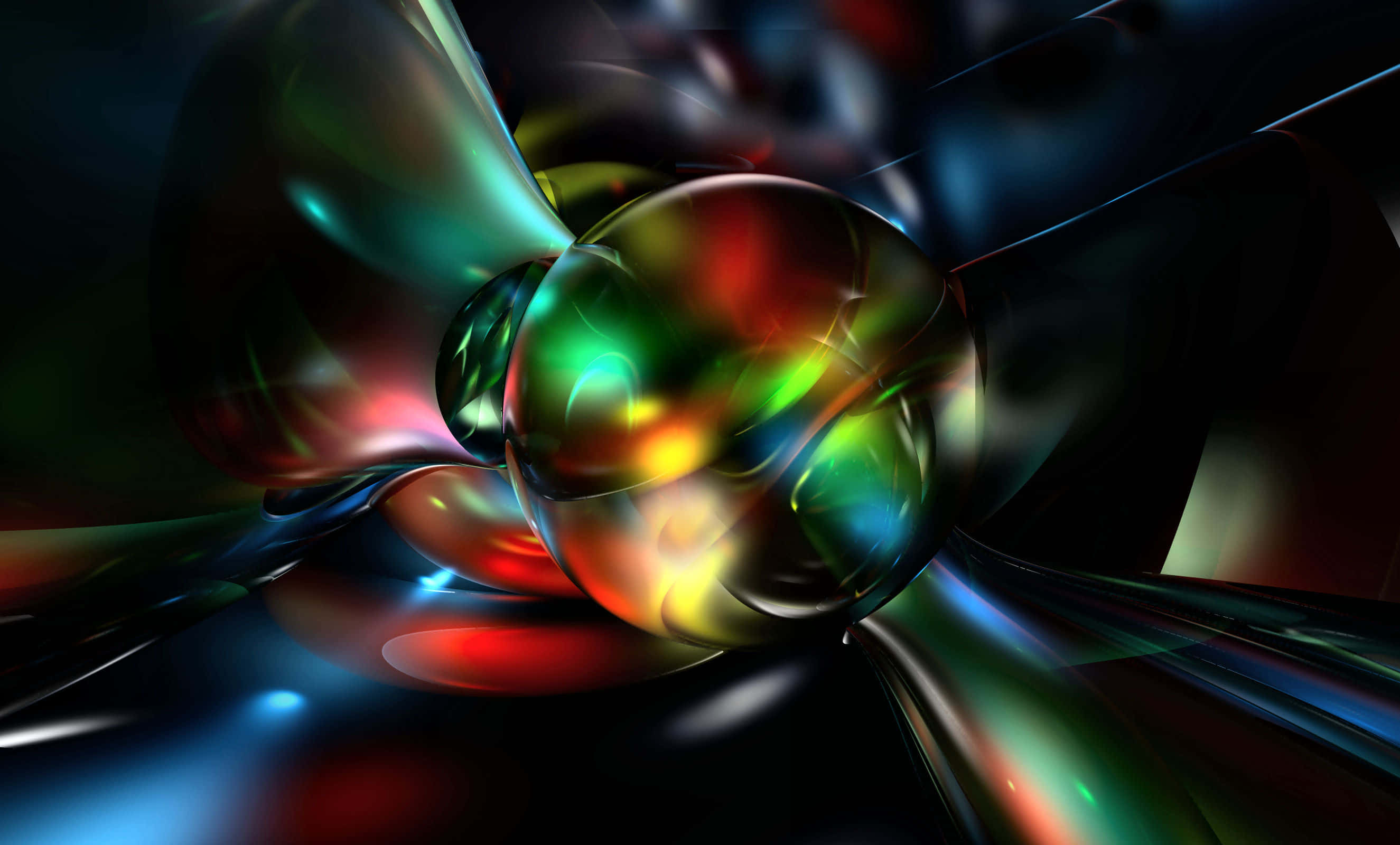 abstract light reflections, fractal sphere, red green blue and yellow light, 2K Desktop Wallpaper