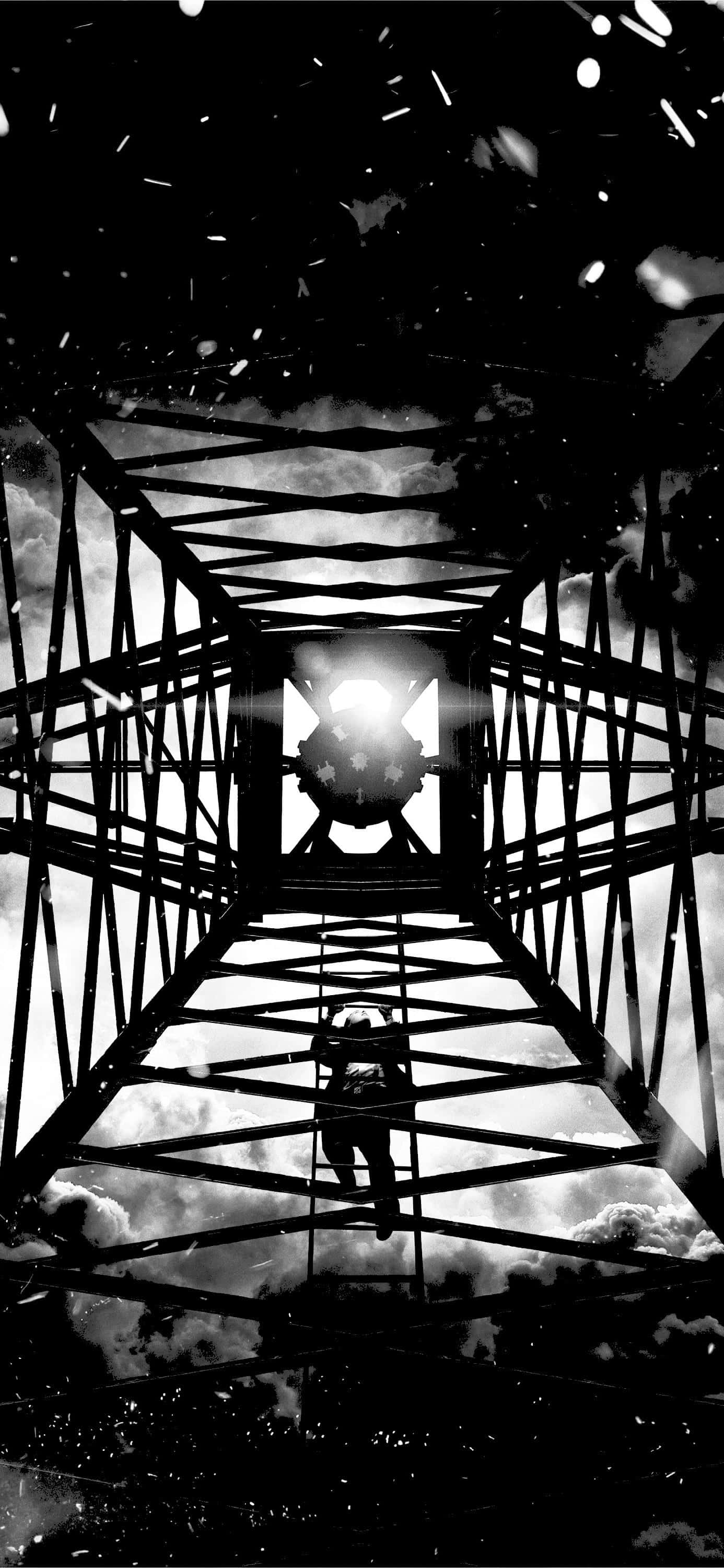 lone climber, towering metal lattice structure, dramatic cloudy sky, 2K Phone Wallpaper