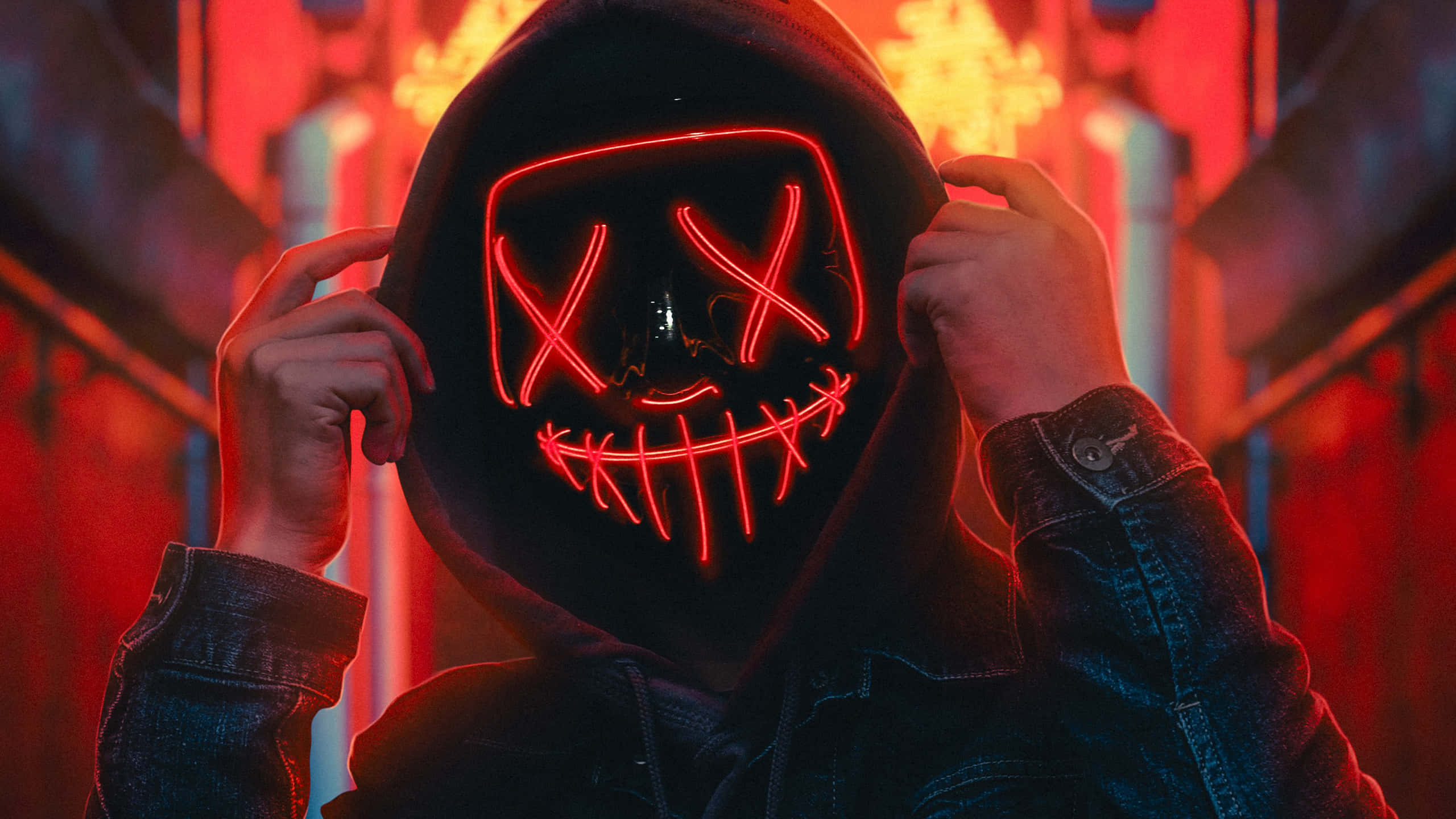glowing red neon mask, X eyes, stitched mouth, 2K Desktop Wallpaper
