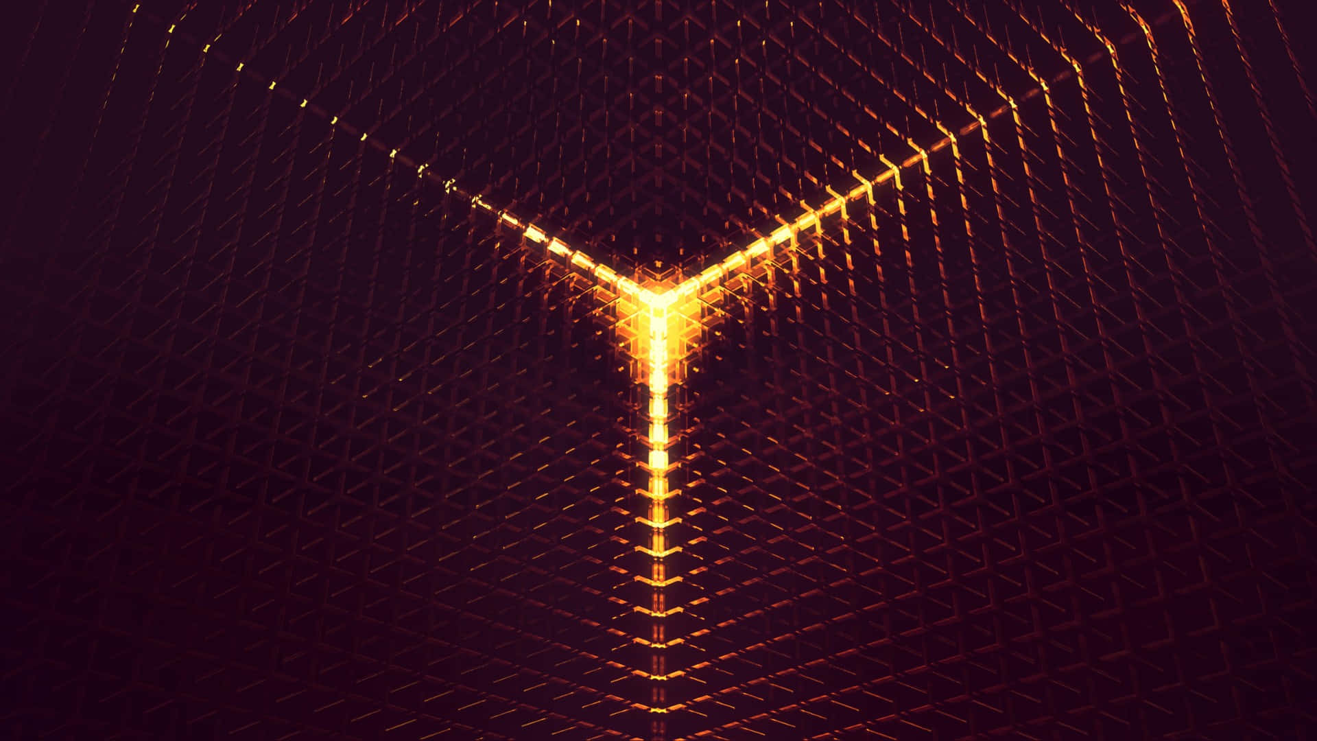 golden Y-shaped light structure, dark grid of intersecting lines, futuristic tunnel effect, Full HD Desktop Wallpaper