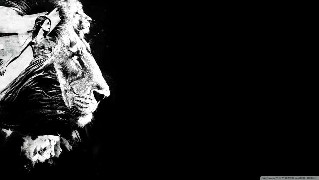 black and white lion, woman and a lion in profile, dark background, SD Desktop Wallpaper