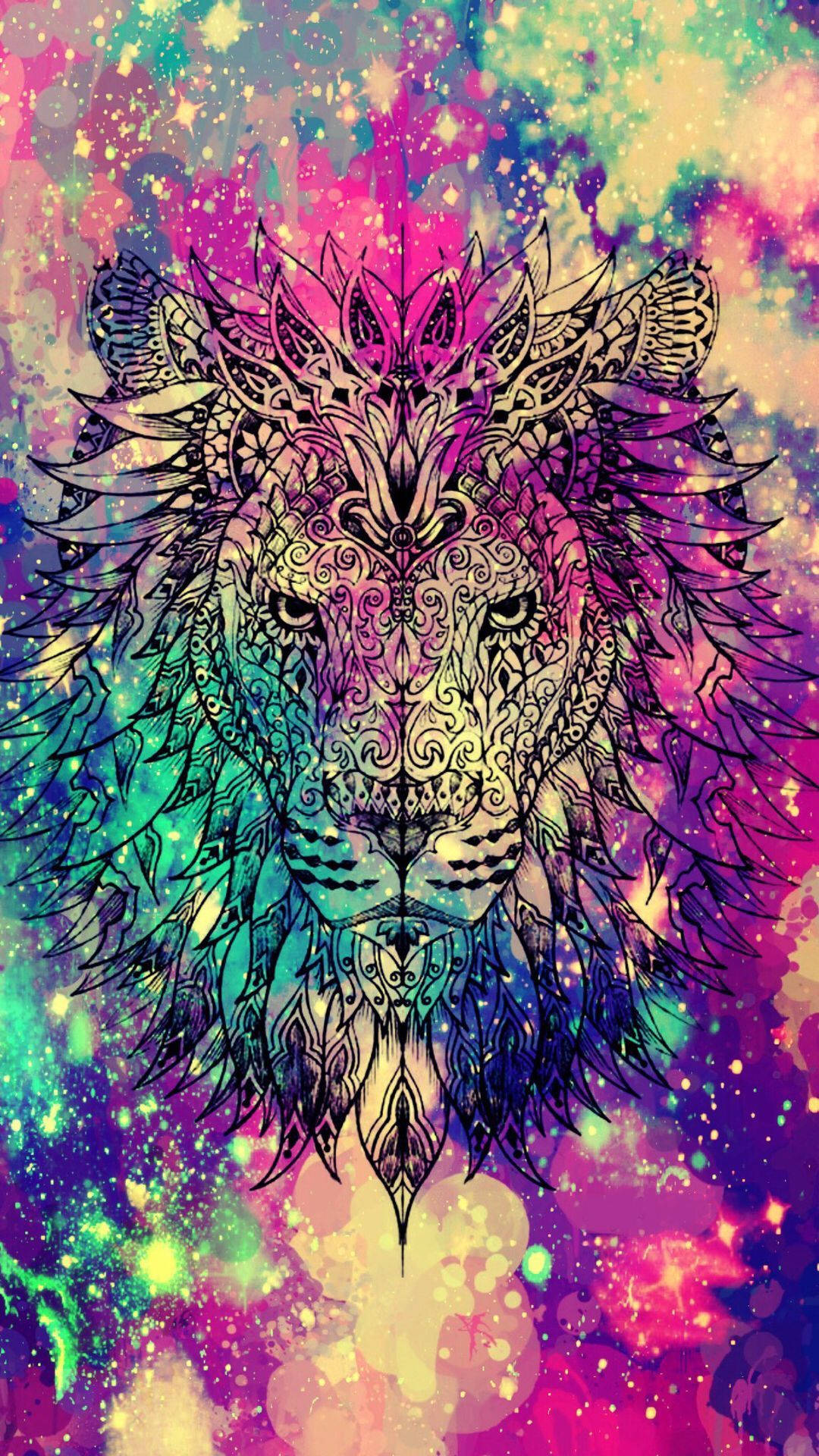 abstract galaxy lion, mandala patterns, cosmic nebula background, Full HD Phone Wallpaper
