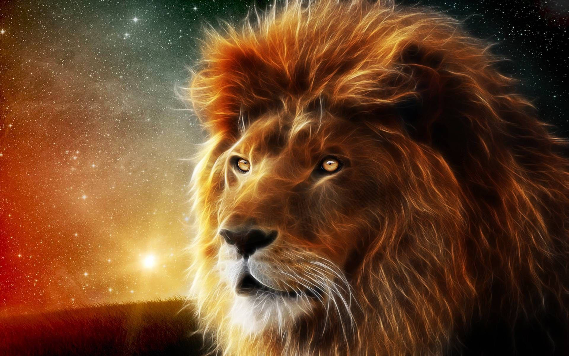 3D lion, glowing eyes, cosmic sky, Full HD Desktop Wallpaper
