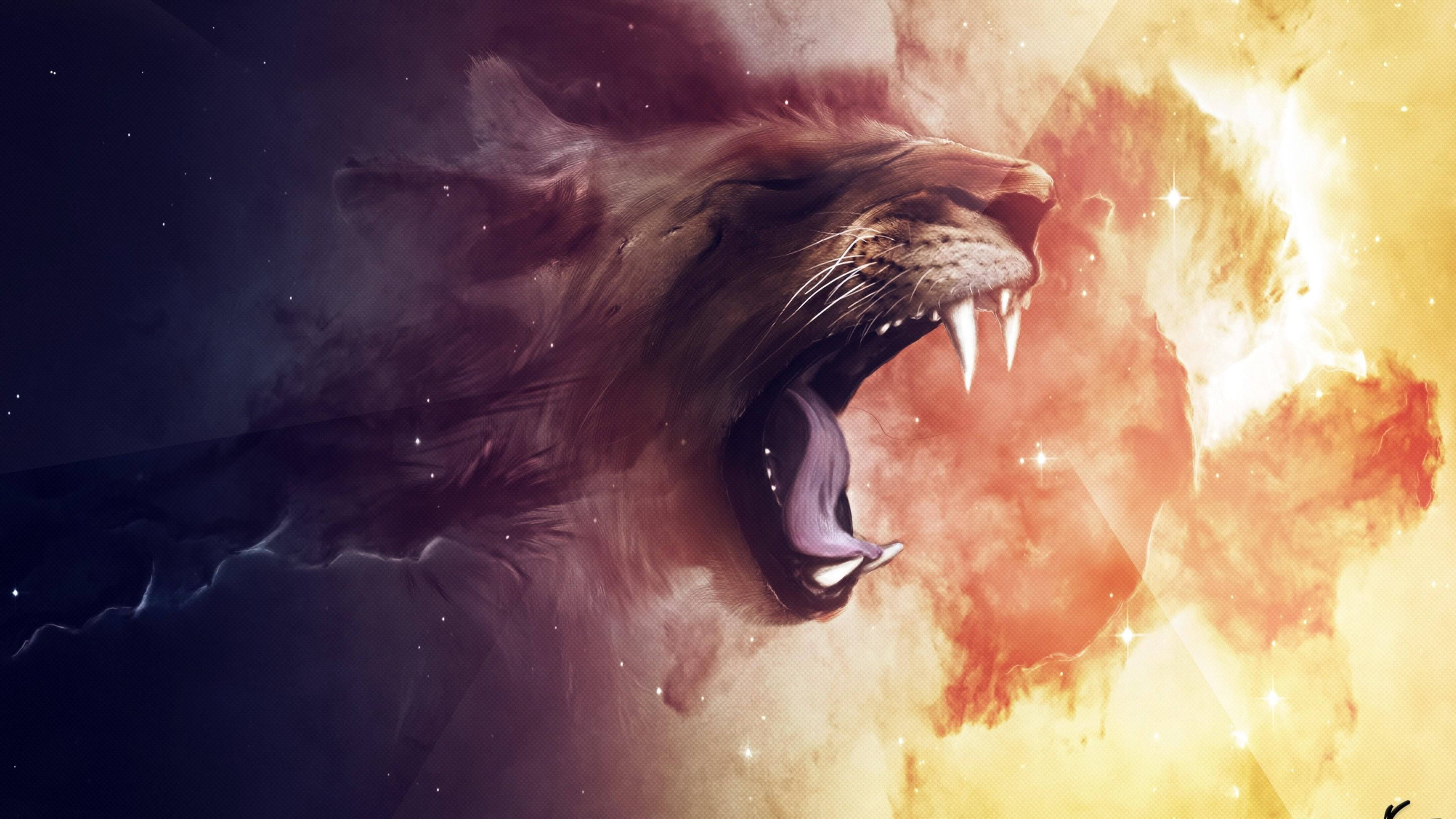 Angry Lion Abstract, roaring lion's head, cosmic flames, 4K Desktop Wallpaper