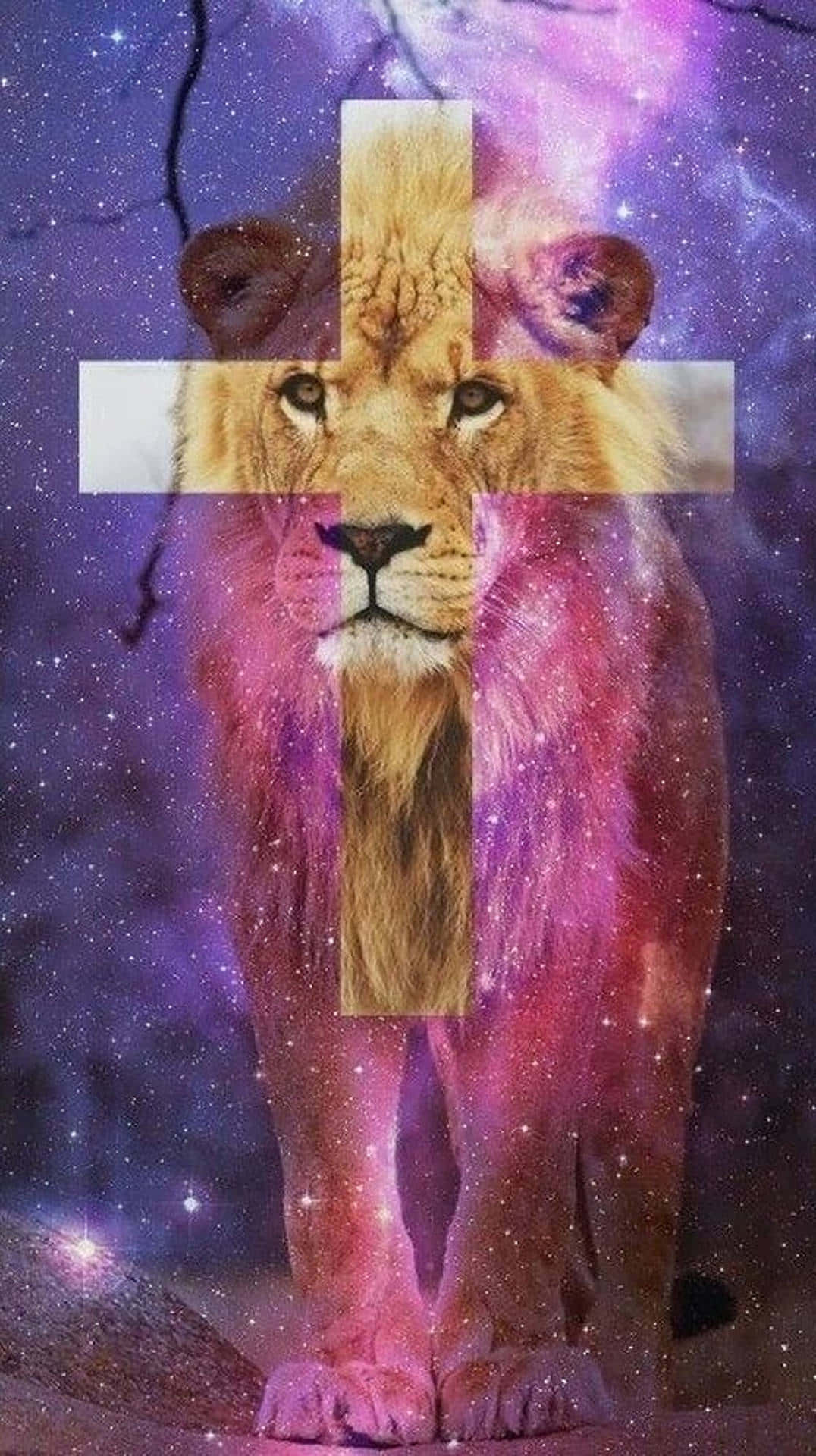 Cosmic Lion, vibrant purple and pink cosmic nebula, white cross, Full HD Phone Wallpaper