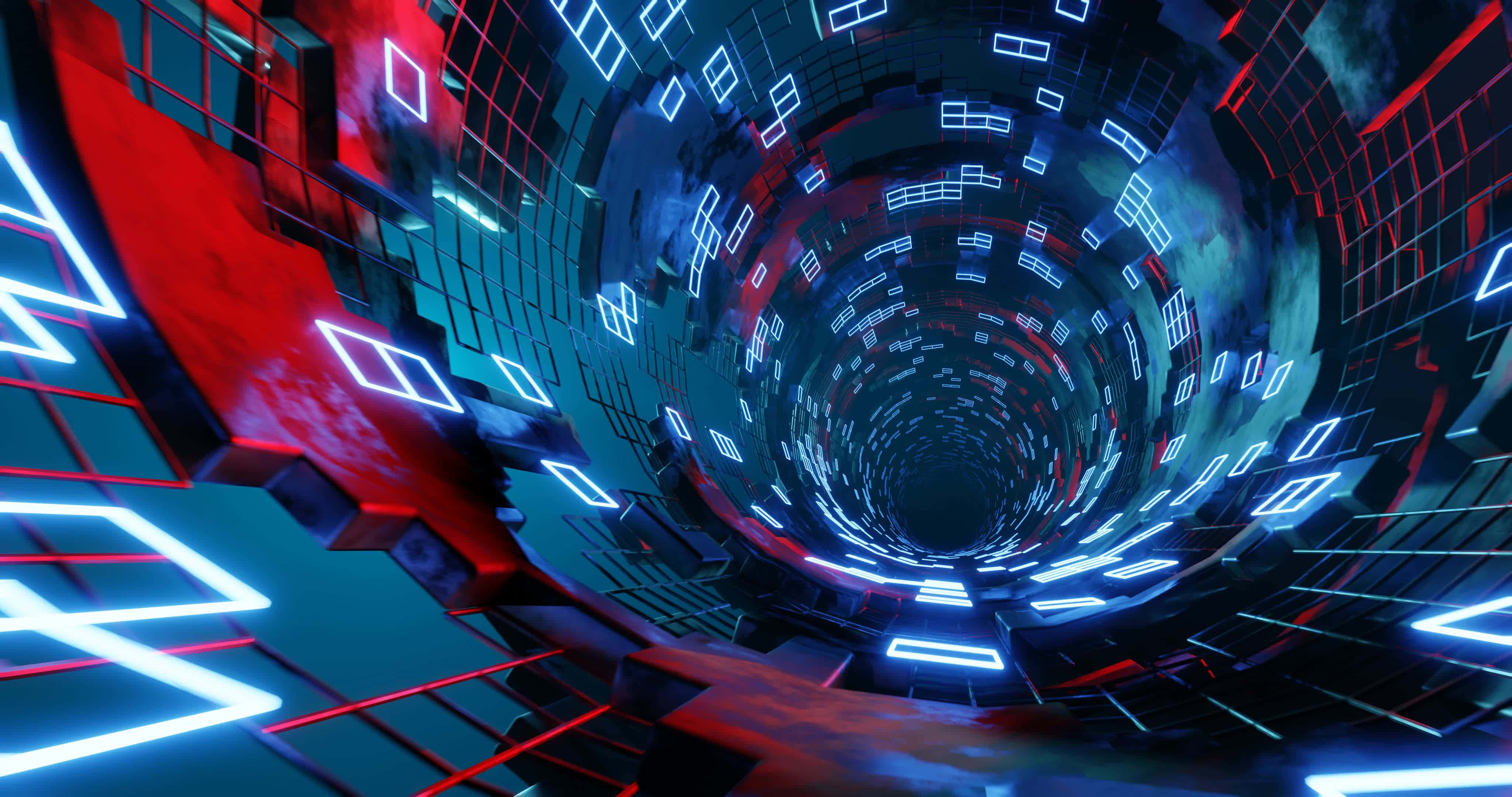 Cyber Tunnel Velocity Abstract, glowing blue and red neon lines, dark grid background, 4K Desktop Wallpaper