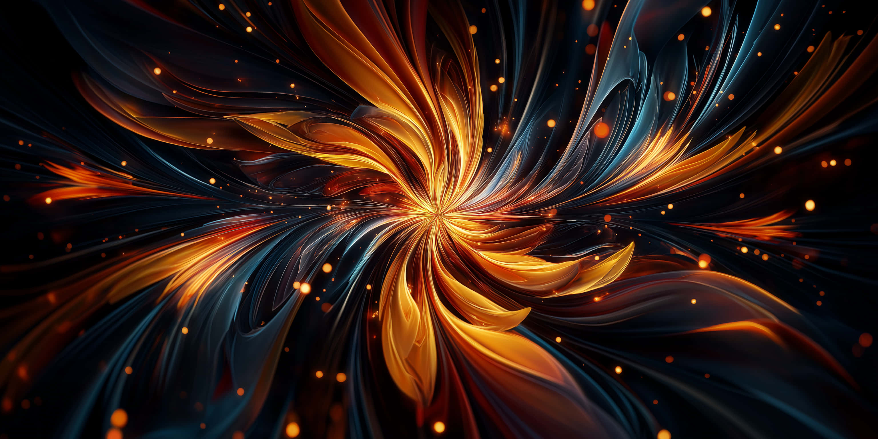 golden spiral, deep blue-black backdrop, fiery orange sparks, 2K Desktop Wallpaper