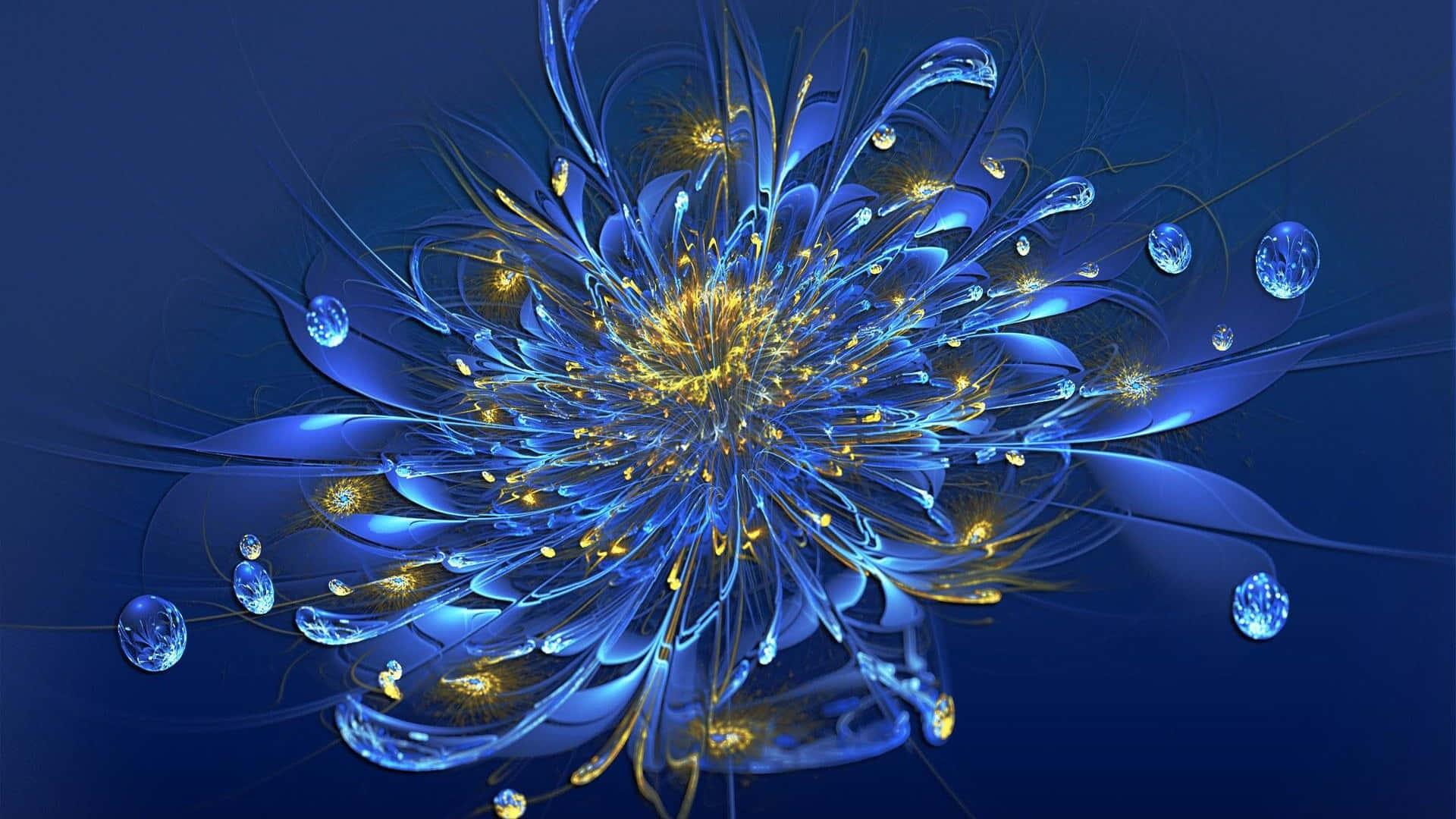 radiant blue fractal flower, glowing golden centers, droplet accents, Full HD Desktop Wallpaper
