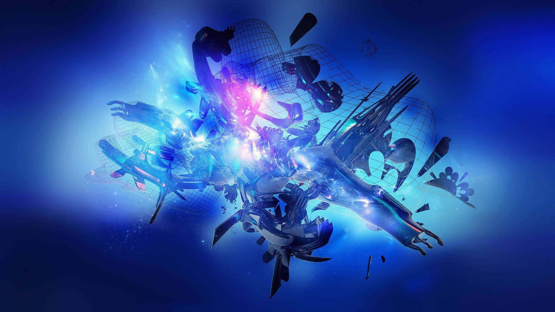 glowing blue, purple cybernetic fragments, wireframe hands, Full HD Desktop Wallpaper