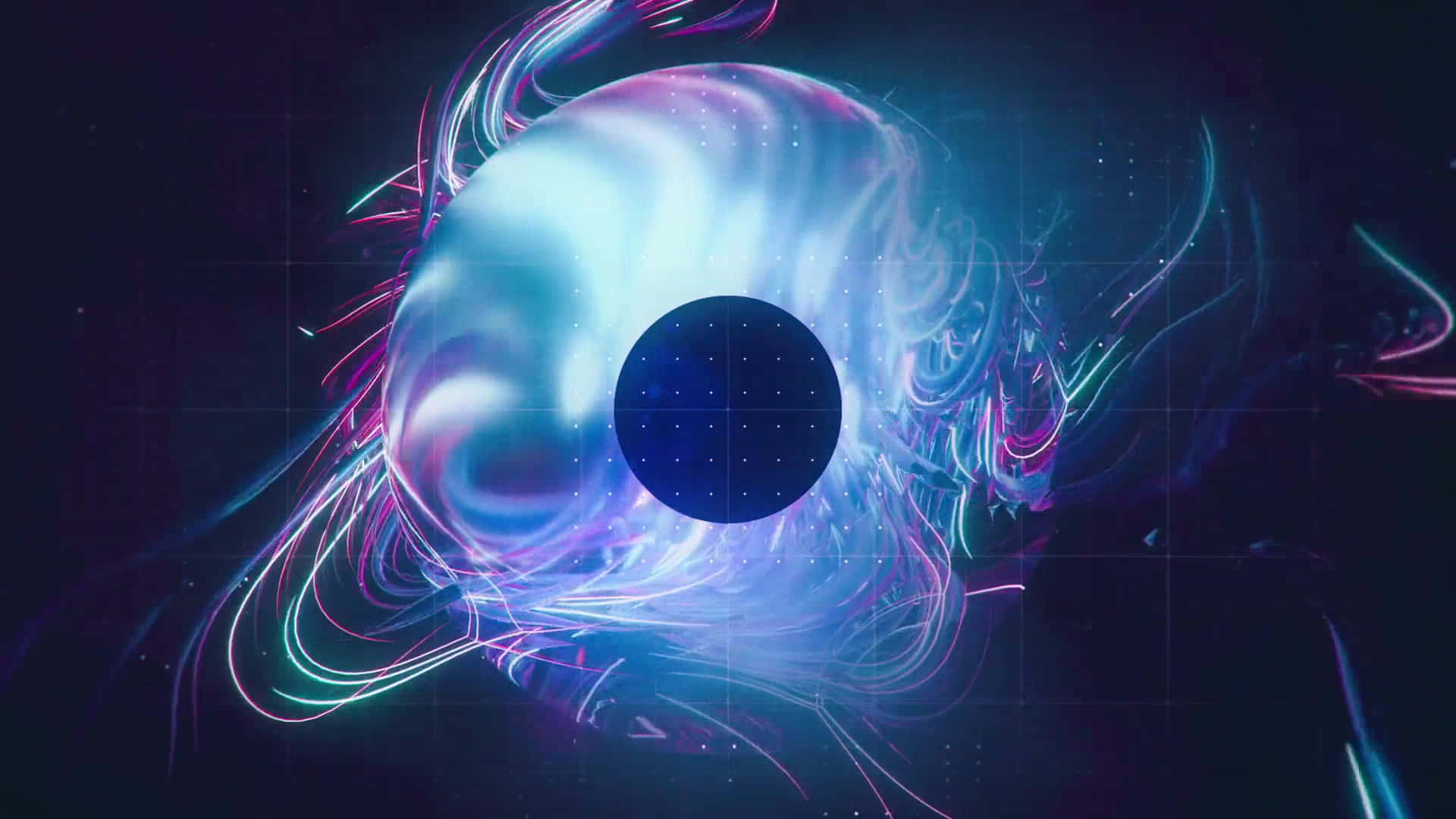 glowing blue and purple cosmic eye, neon streaks, dark grid pattern, Full HD Desktop Wallpaper