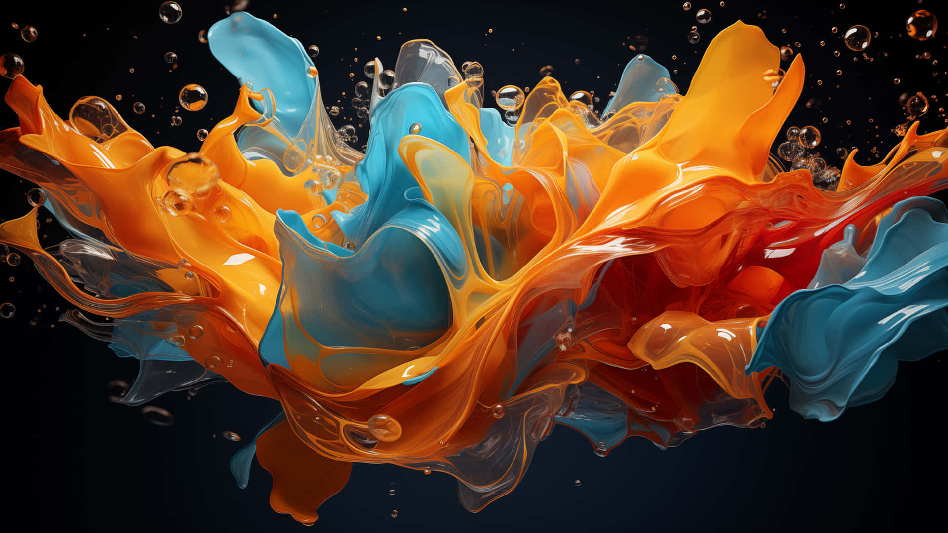 vibrant orange, blue liquid paint splashes, dark background, Full HD Desktop Wallpaper