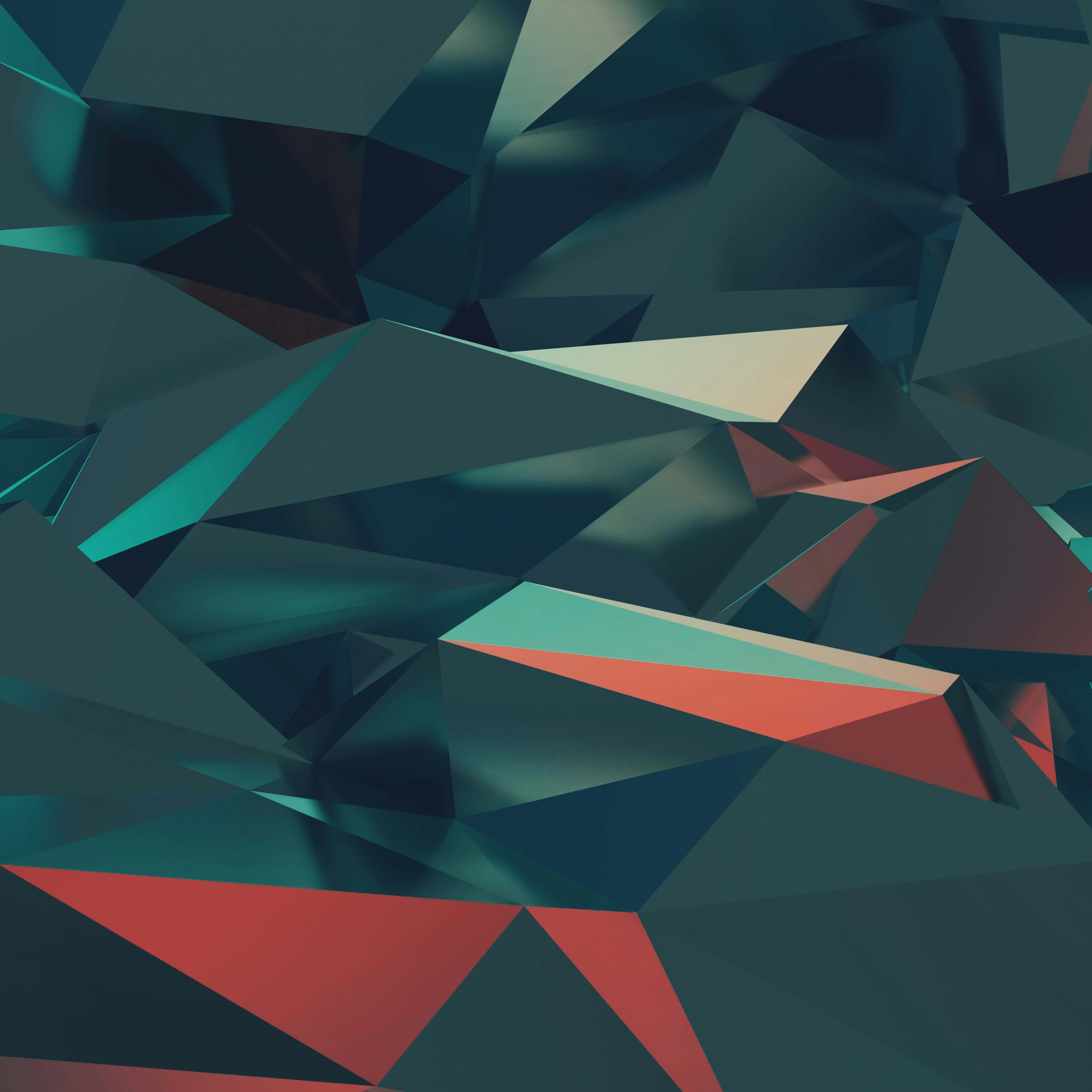 abstract geometric polygon art, sharp triangular facets, deep teal red, 4K Desktop Wallpaper