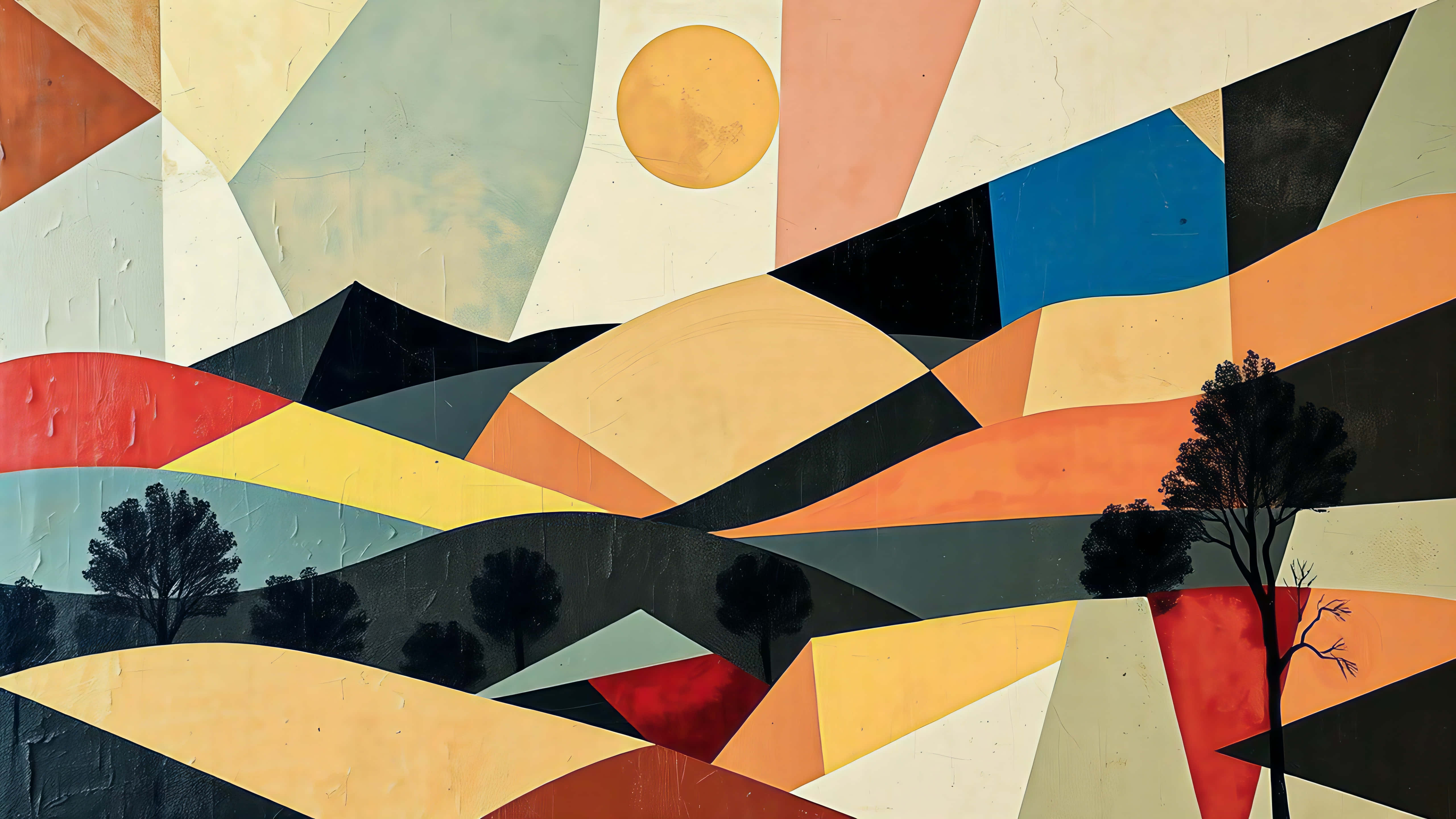 geometric abstract landscape, geometric mountains, geometric trees, 5K Desktop Wallpaper