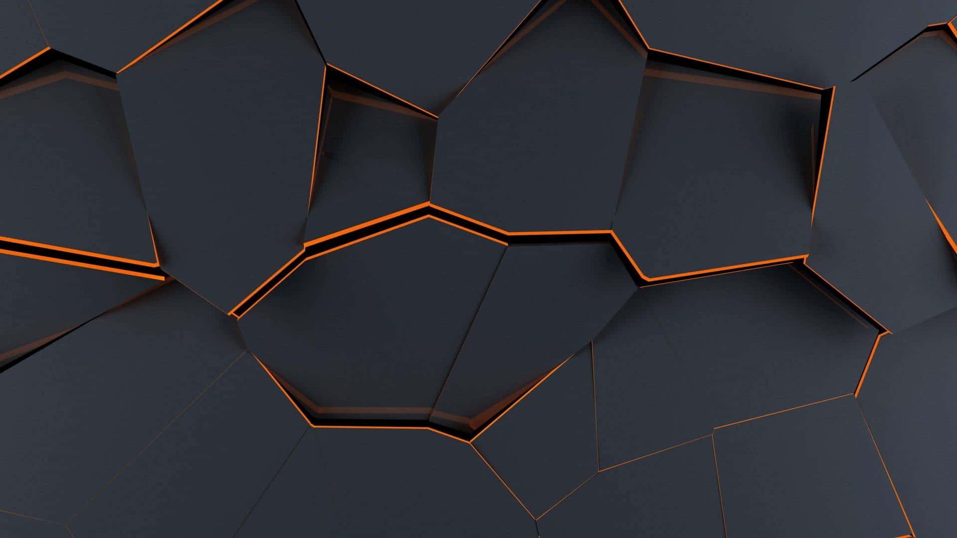 abstract black polygons, orange edges, dark gray hexagonal panels, Full HD Desktop Wallpaper