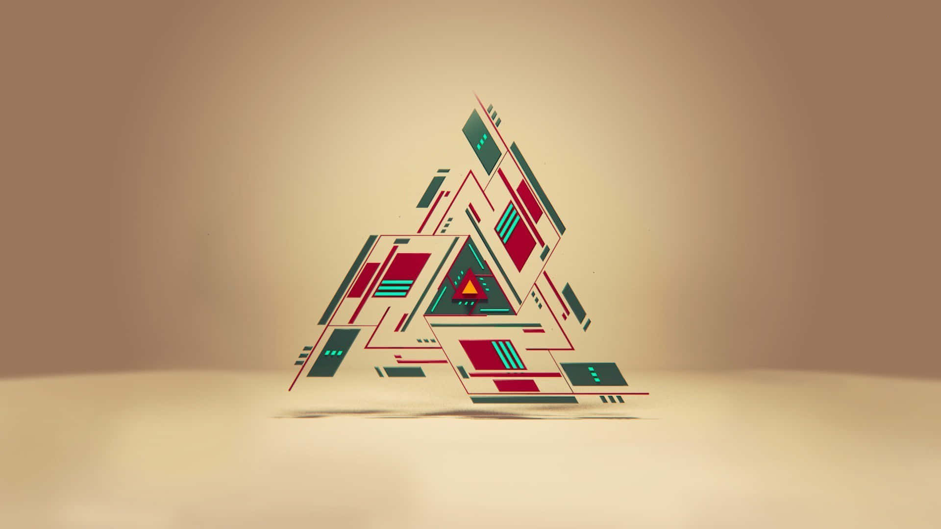 abstract triangle formation art, geometric triangular sculpture, red teal and cream panels, Full HD Desktop Wallpaper
