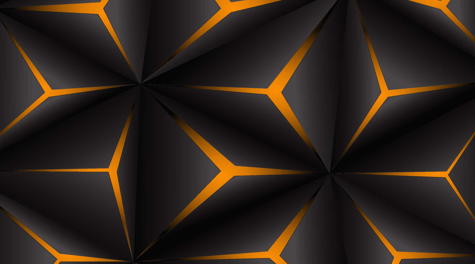 abstract black orange polygon pattern, glowing orange geometric starburst patterns, central points, Full HD Desktop Wallpaper
