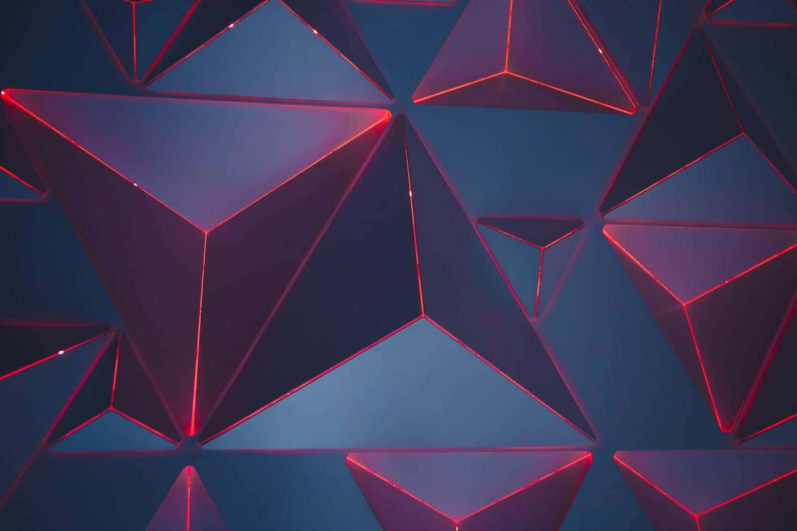 abstract geometric polygons, neon edges, glowing red triangular prisms, HD Desktop Wallpaper